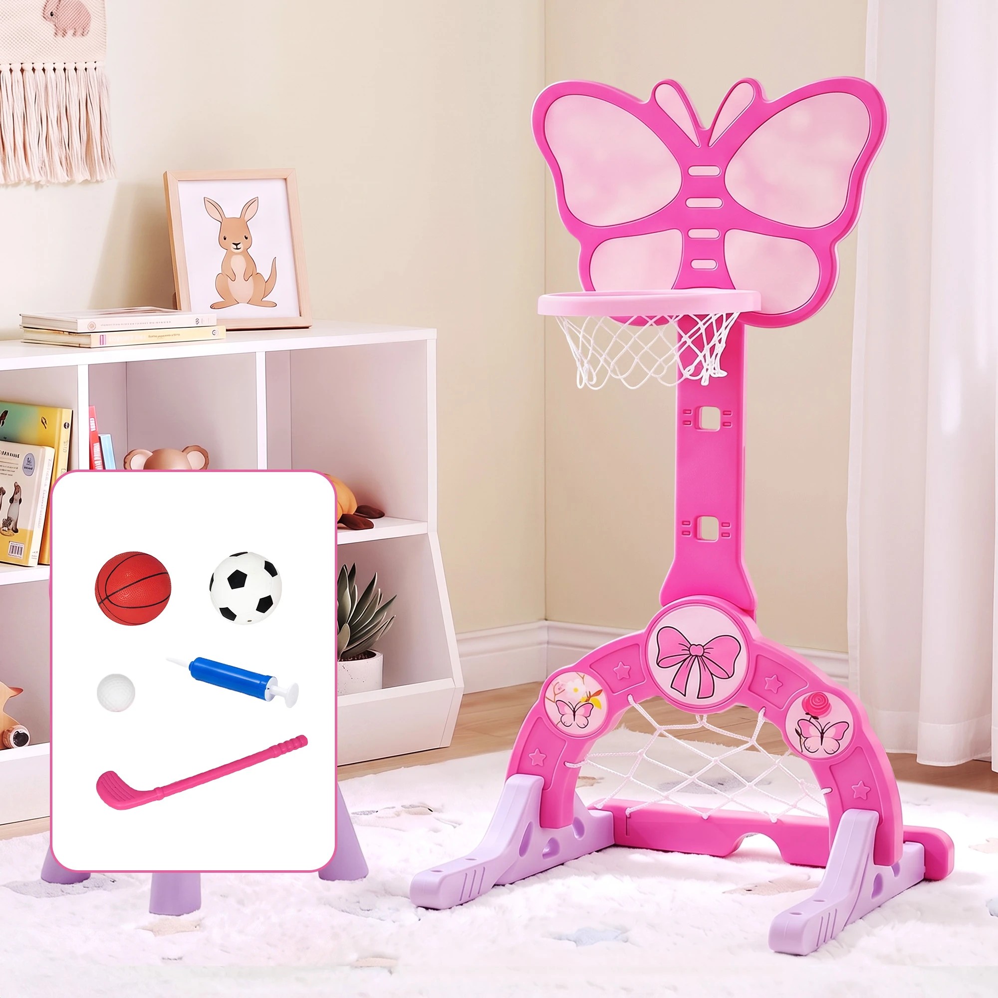 2 Keezi 3-in-1 Kids Basketball Hoop Soccer Goal Golf Game Set with Balls Children Sports Center Butterfly - Pink, 2 of 8
