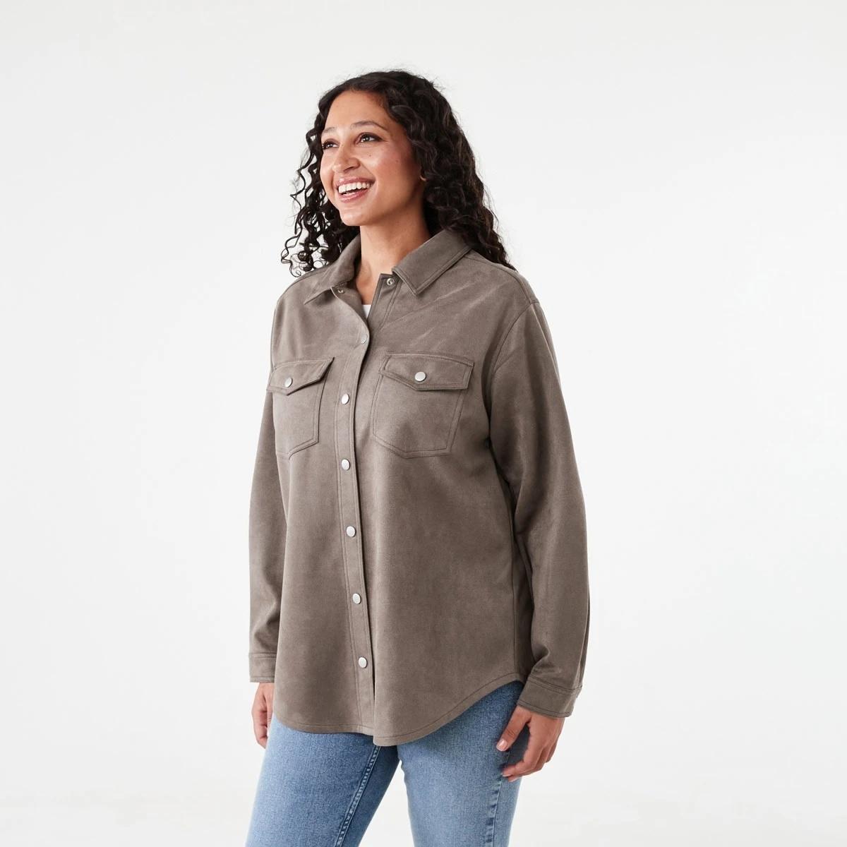 3 Long Sleeve Suedette Shirt Taupe Brn, 3 of 8