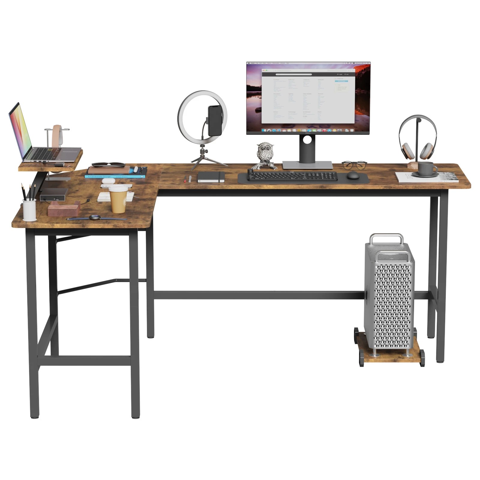 2 Advwin L-shaped Corner Desk With Laptop Stand Workstation Home Work Computer Desk Office Table - Brown, 2 of 9