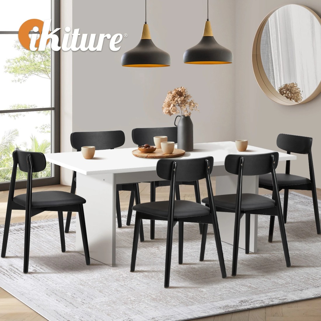 5 Oikiture 6-Seater Dining Table and Chairs Wooden Furniture Set - Black, 5 of 9