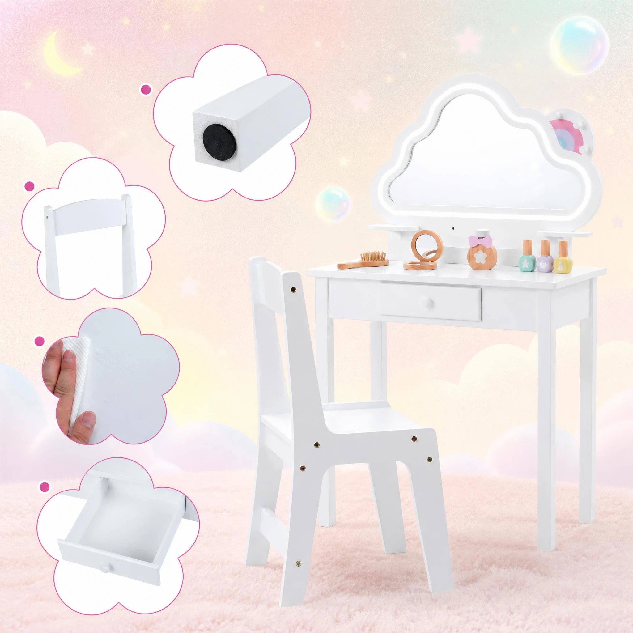 7 Costway Vanity Set Lighted Cloud Mirror 2-in-1 Princess Makeup Dressing Table Chair - White, 7 of 8