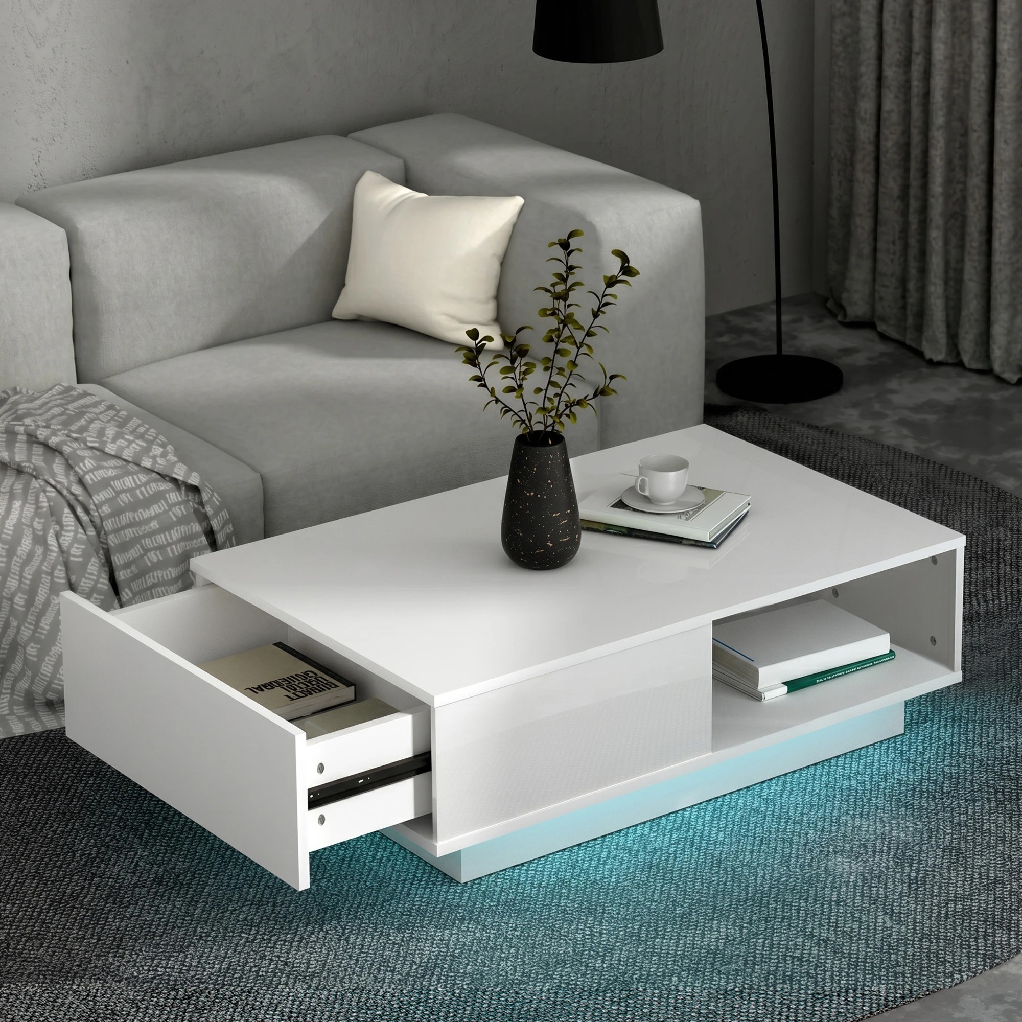 7 Artiss LED TV Unit & Coffee Table Set Storage Cabinet - White, 7 of 10