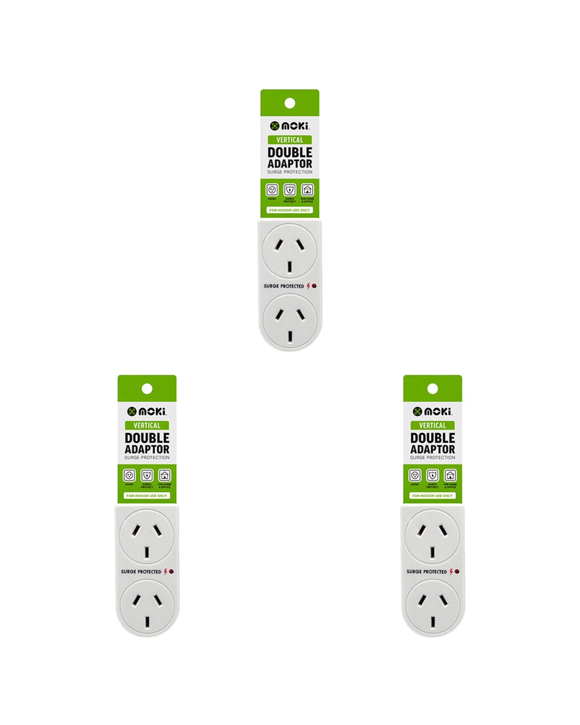 1 Moki 3PK Vertical Double Power Adaptor with Surge Protection Dual Socket - White, 1 of 2