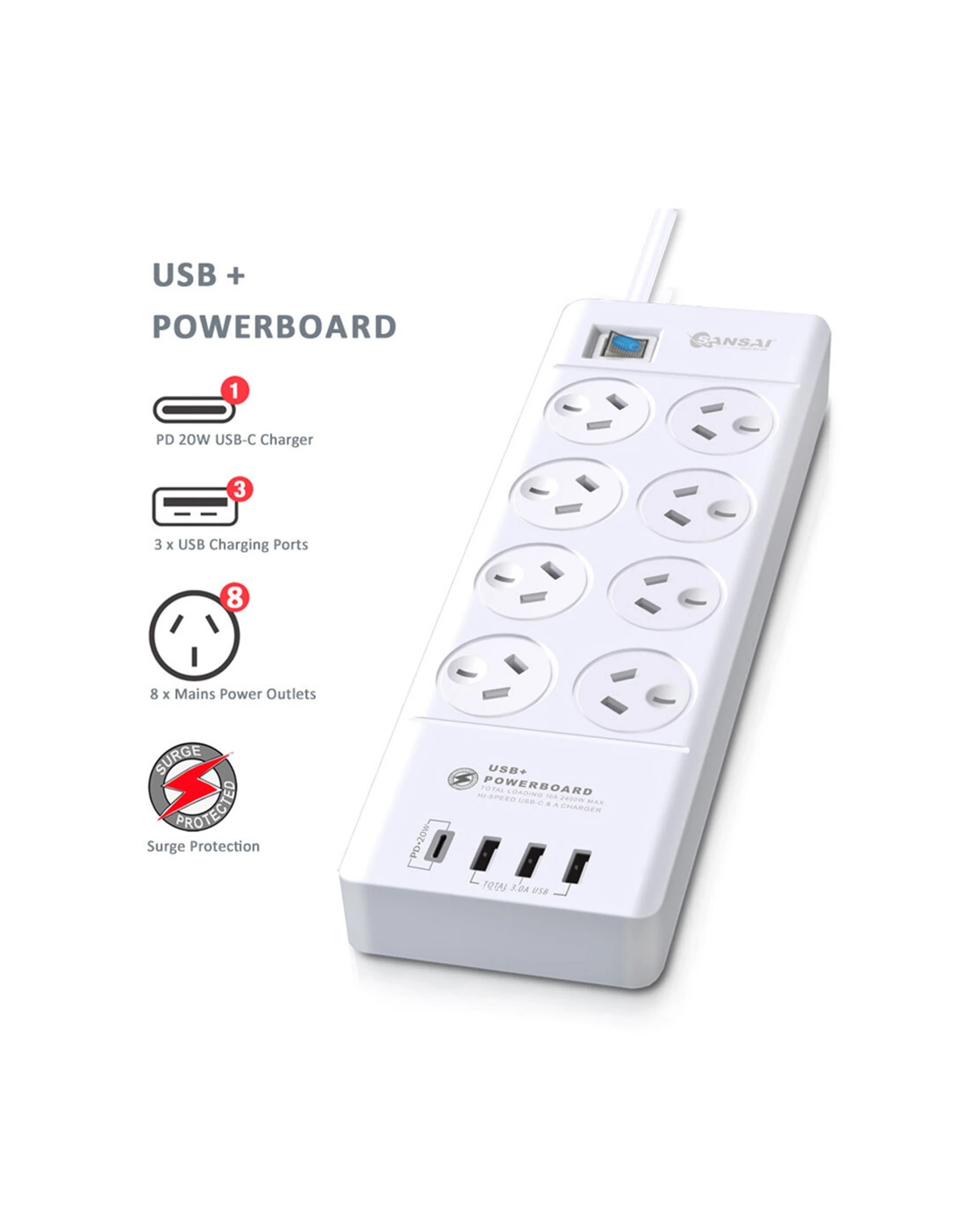 2 Sansai 8 Way Power Outlet 2400W Surge Protected Board Charger Ports USB A to C - White, 2 of 5