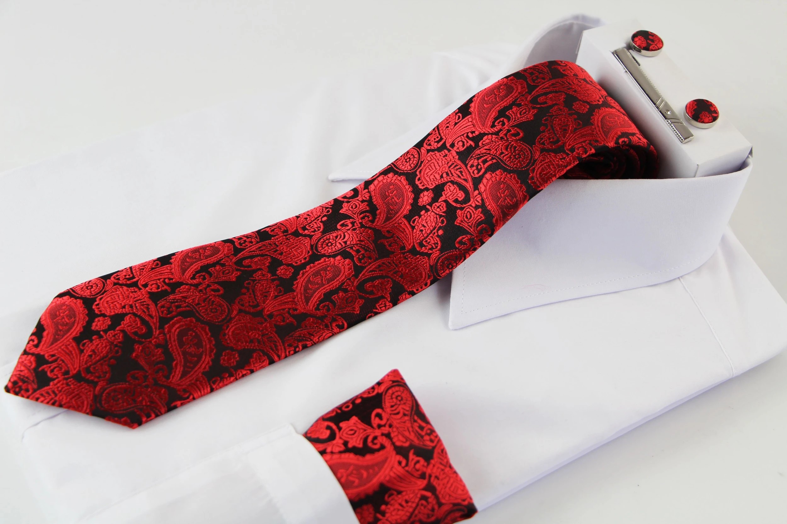 1 Zasel Mens Red & Black Boho Paisley Matching Neck Tie, Pocket Square, Cuff Links And Tie Clip Set - Multi, 1 of 1