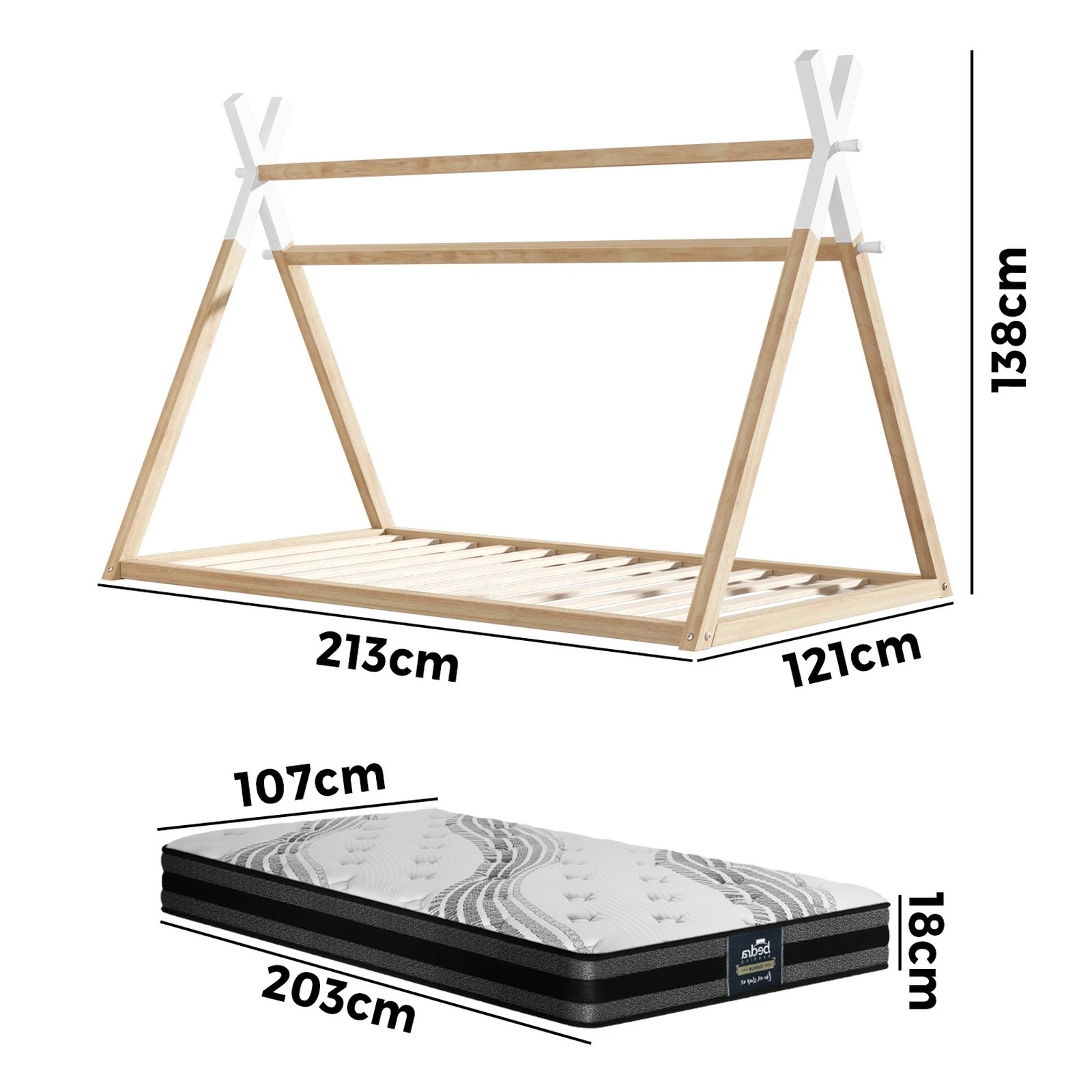 6 Oikiture King Single Kids Bed Frame Mattress Set Wooden Timber Teepee House Beds
 - Multi, 6 of 10