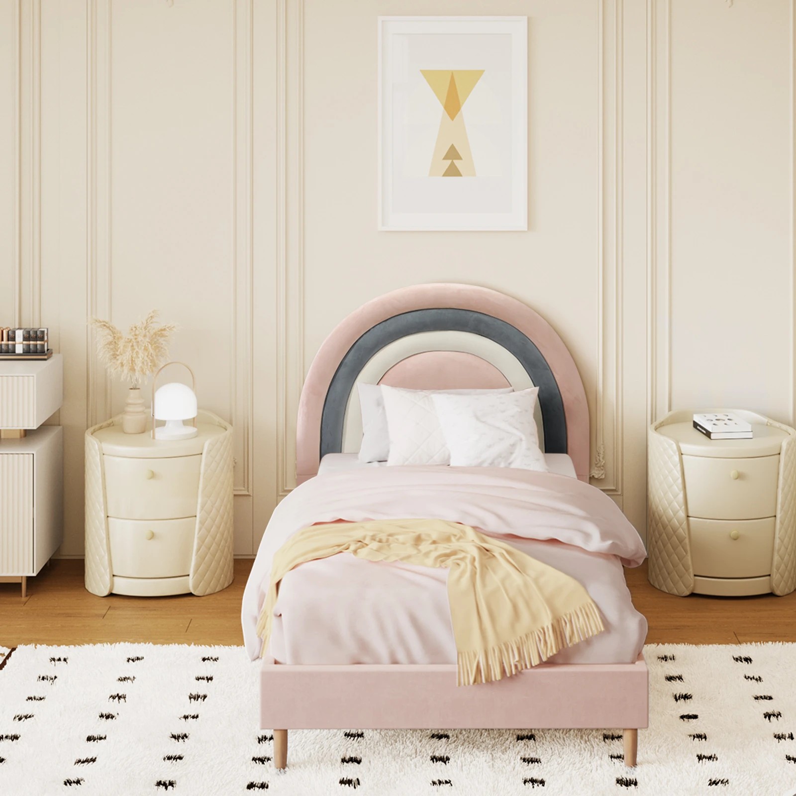 3 Oikiture Single Bed Frame Rainbow Kids Bed Base Velvet
 - Pink, 3 of 10