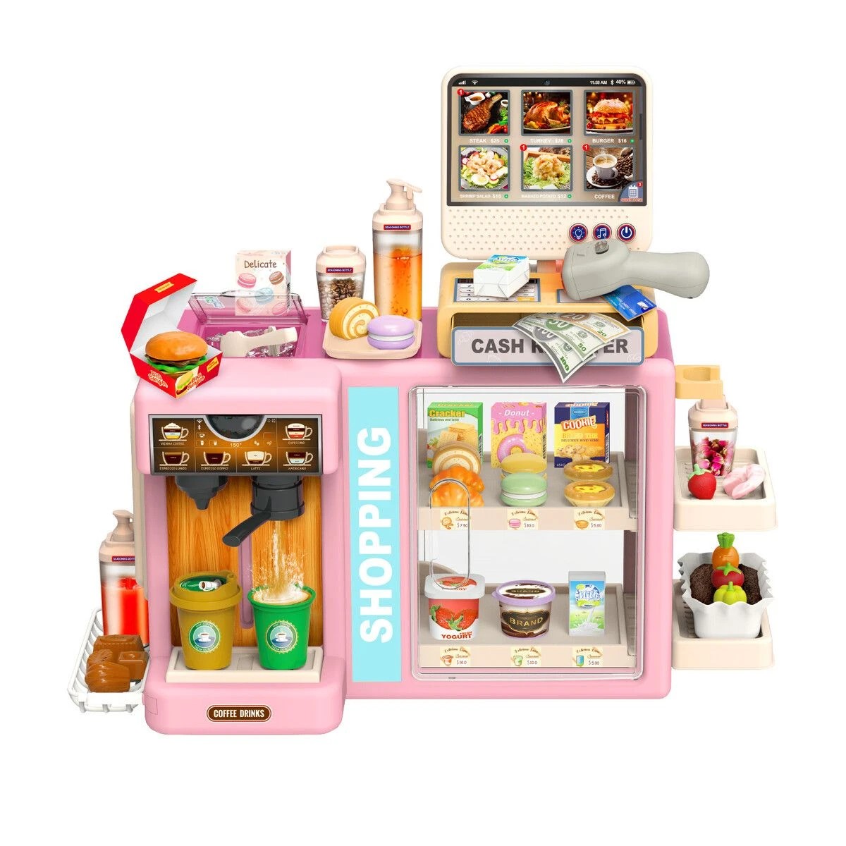 1 Ausway Kids Supermarket Role Playset with Scanner, Cash Register, Coffee Maker Play Food & Accessories, 1 of 7