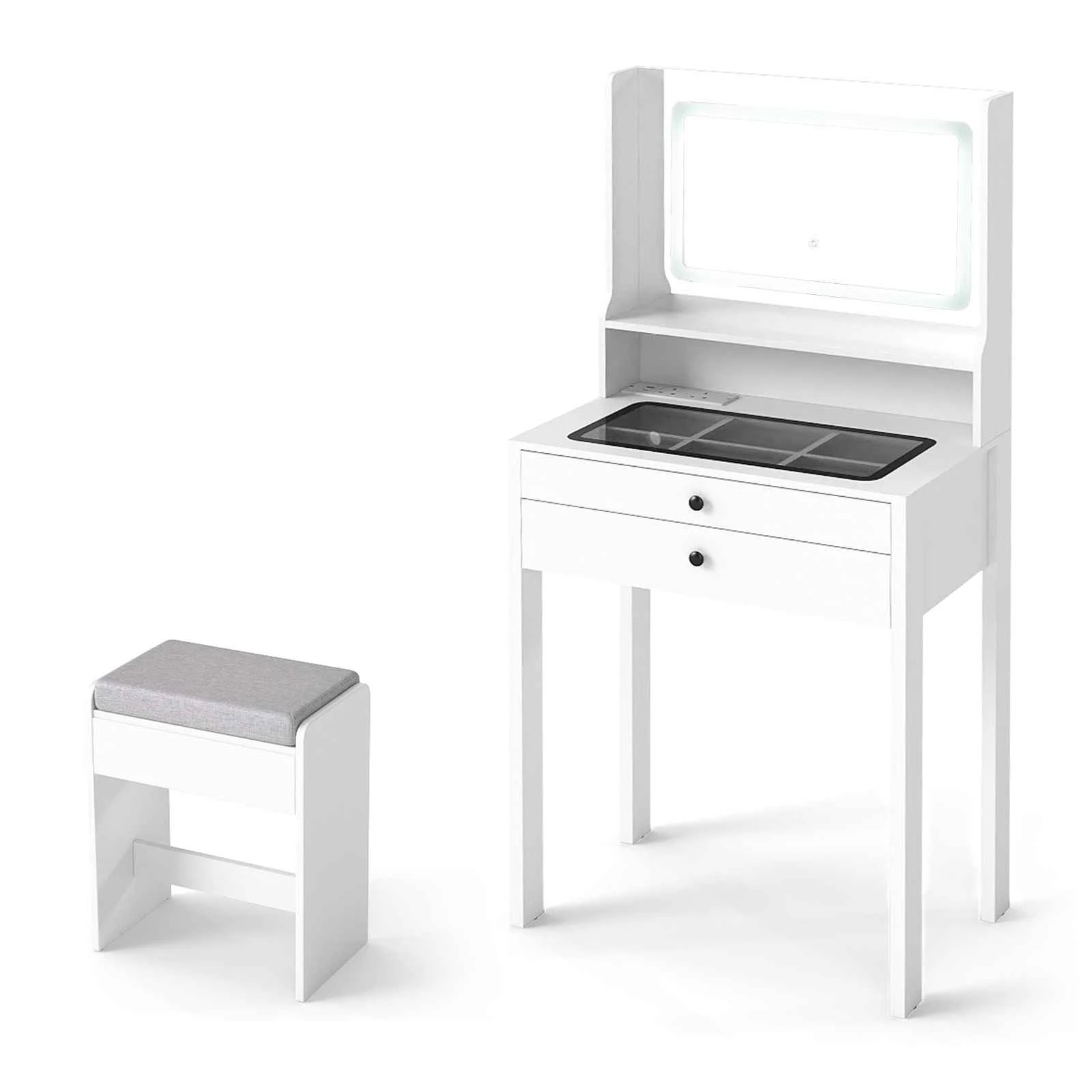 1 Costway Vanity Desk Set Tempered Glass Top Dressing Table Stool w/Power Outlets, 1 of 3