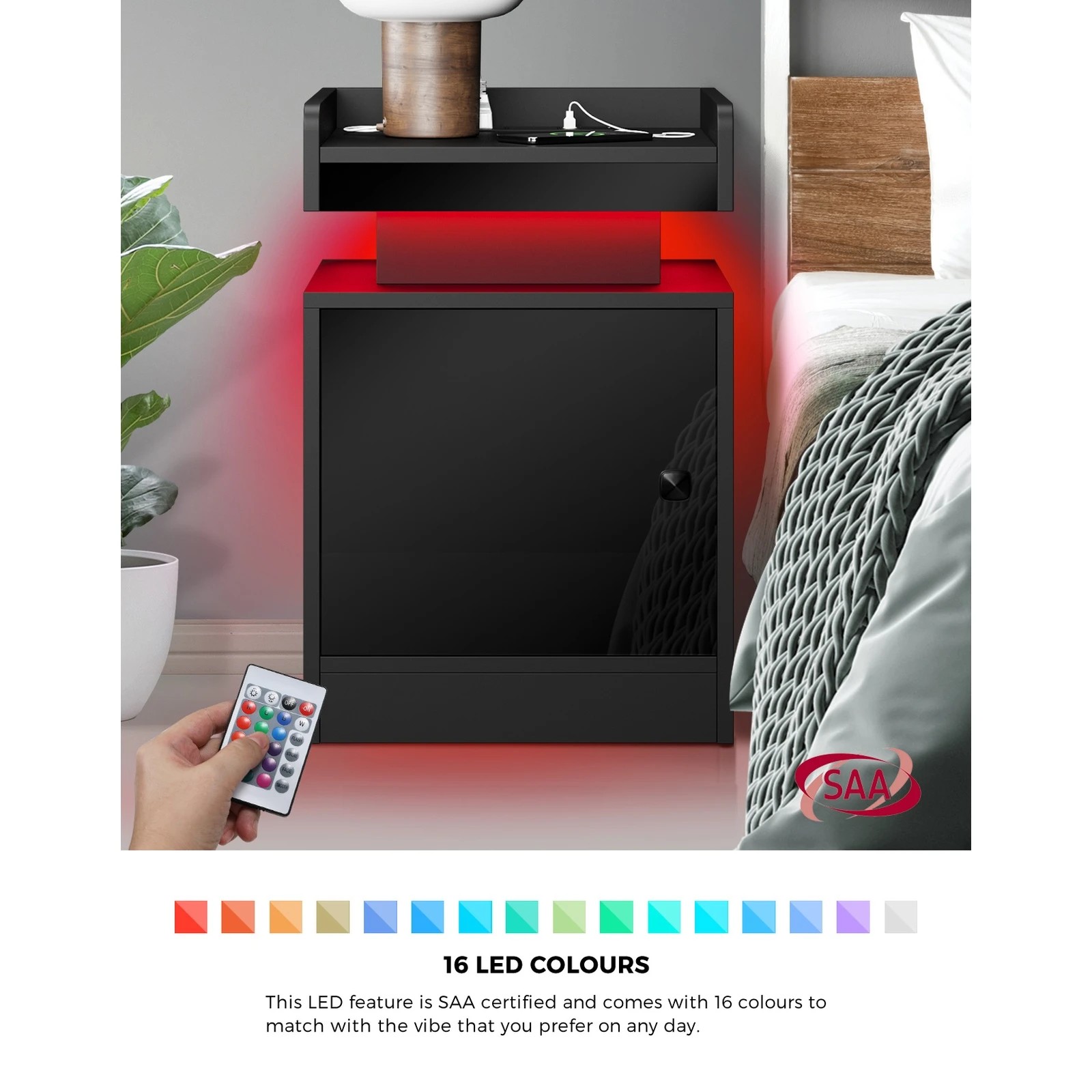 2 Oikiture Bedside Table Led Nightstand Usb Charging Station
 - Black, 2 of 5