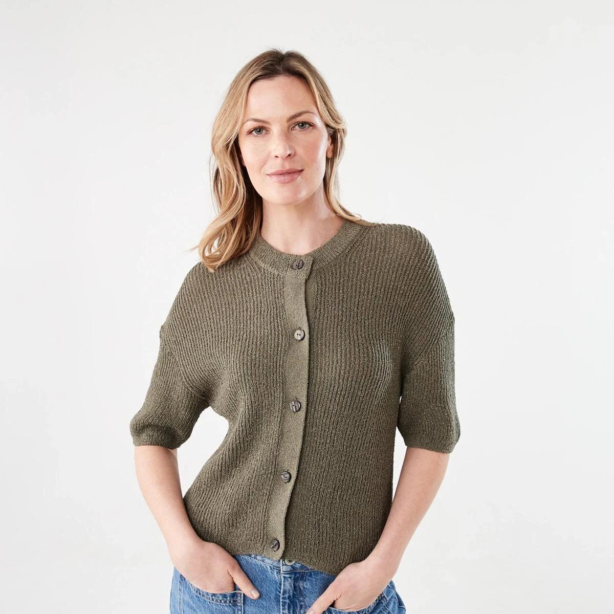 1 Short Sleeve Button Up Cardigan BURNT OLIVE, 1 of 5