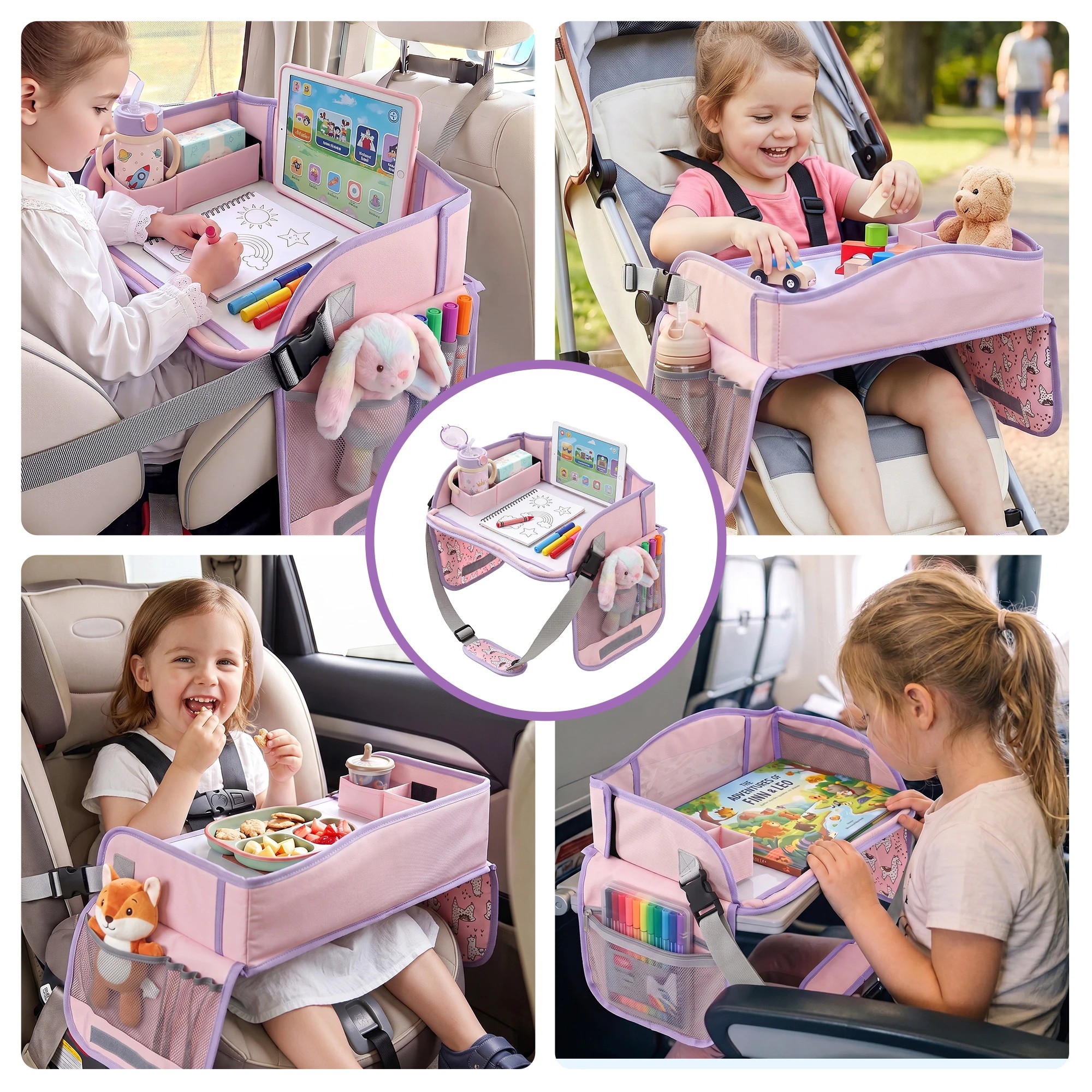 6 Keezi Kids Travel Tray Car Seat Lap Desk Portable Car Desk Organiser for Car & Airplane - Pink, 6 of 10