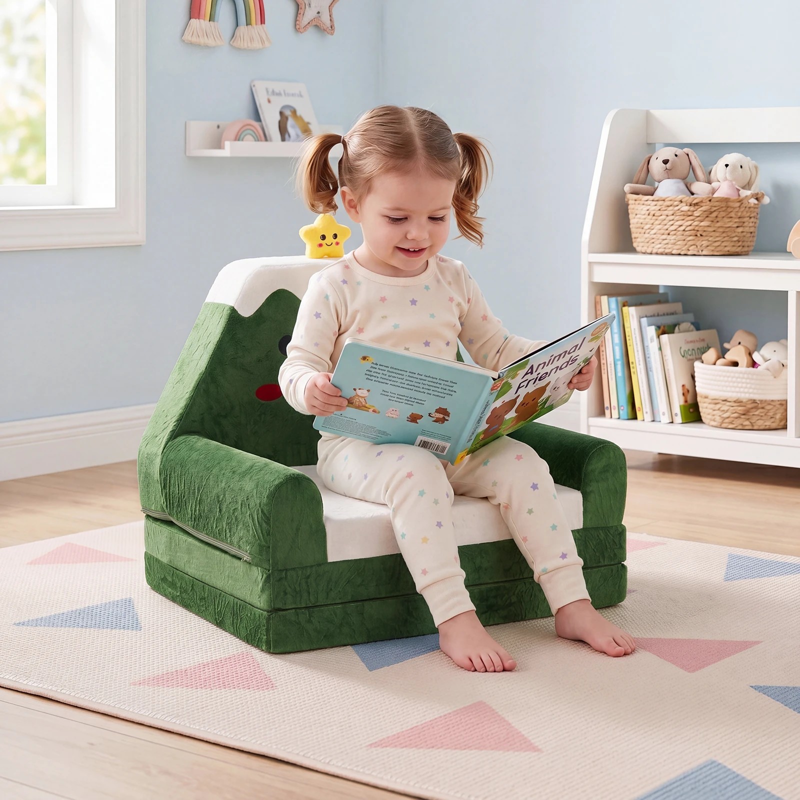 4 Costway Kids Sofa 2-in-1 Convertible Couch to Lounger Foldable Chair Christmas Pattern - Green, 4 of 5