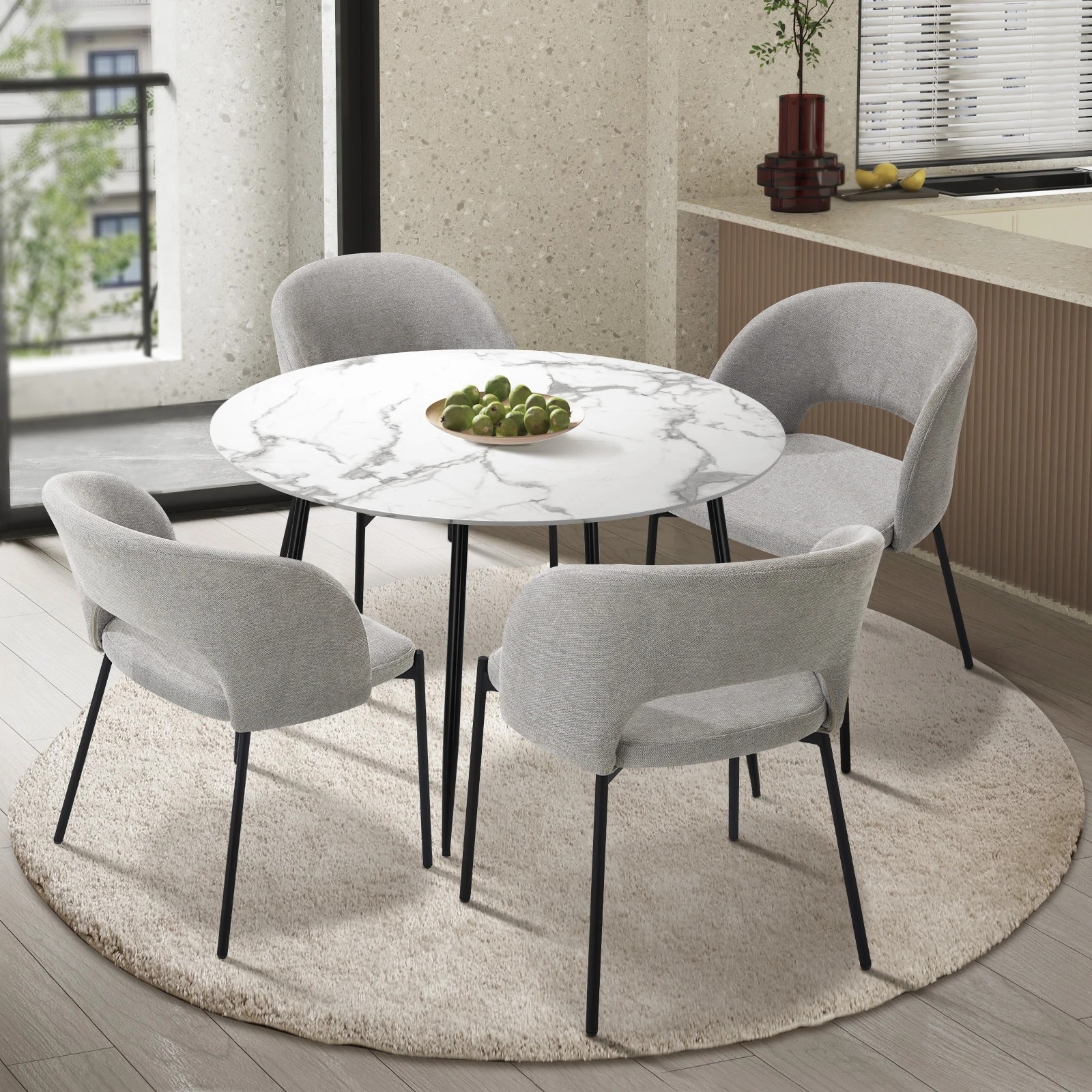 2 Oikiture 110cm Round Dining Table With 4pcs Dining Chairs Fabric
 - Multi, 2 of 10