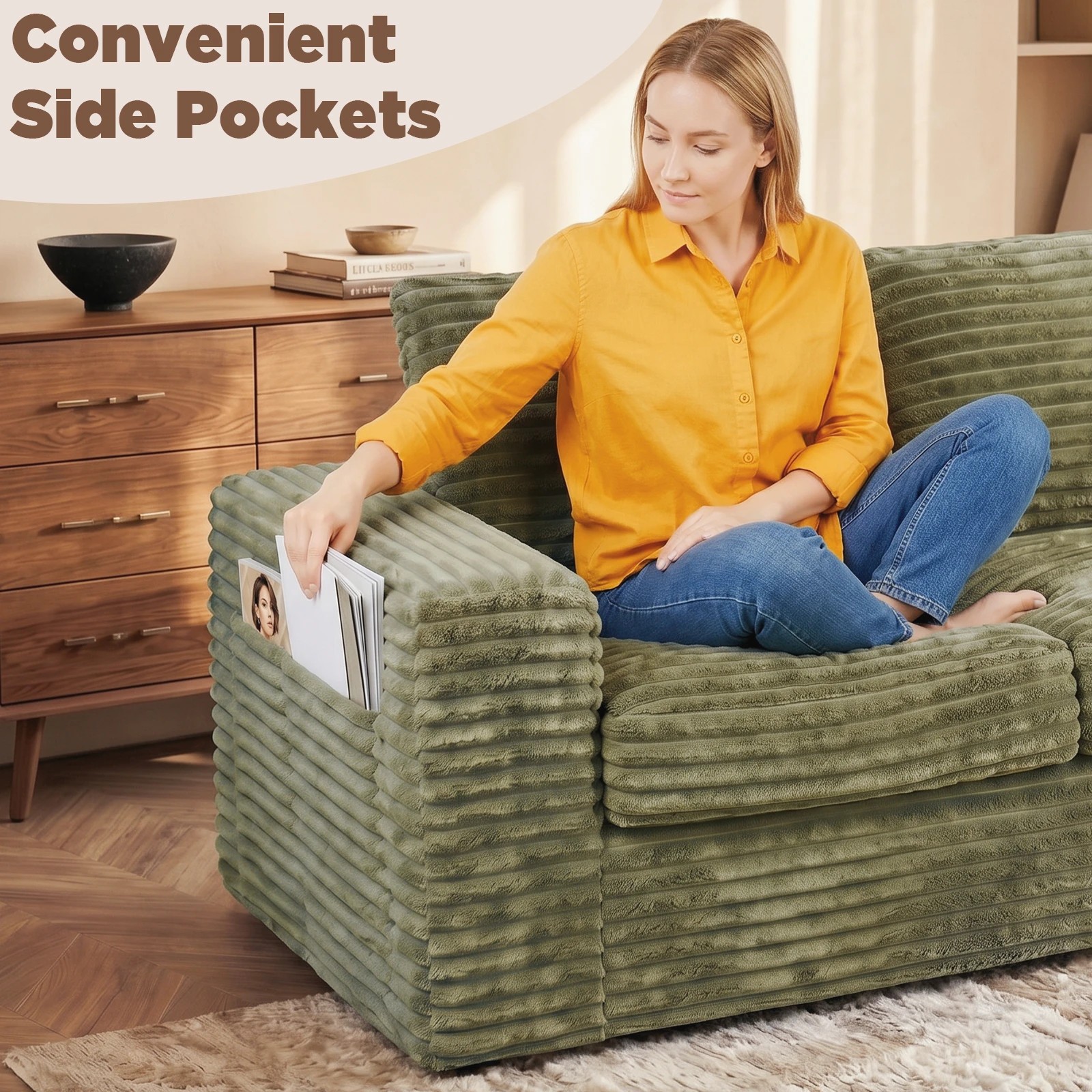 6 Advwin Loveseat Floor Sofa 162cm Wide-wale Corduroy Love Seat Couch - Green, 6 of 9