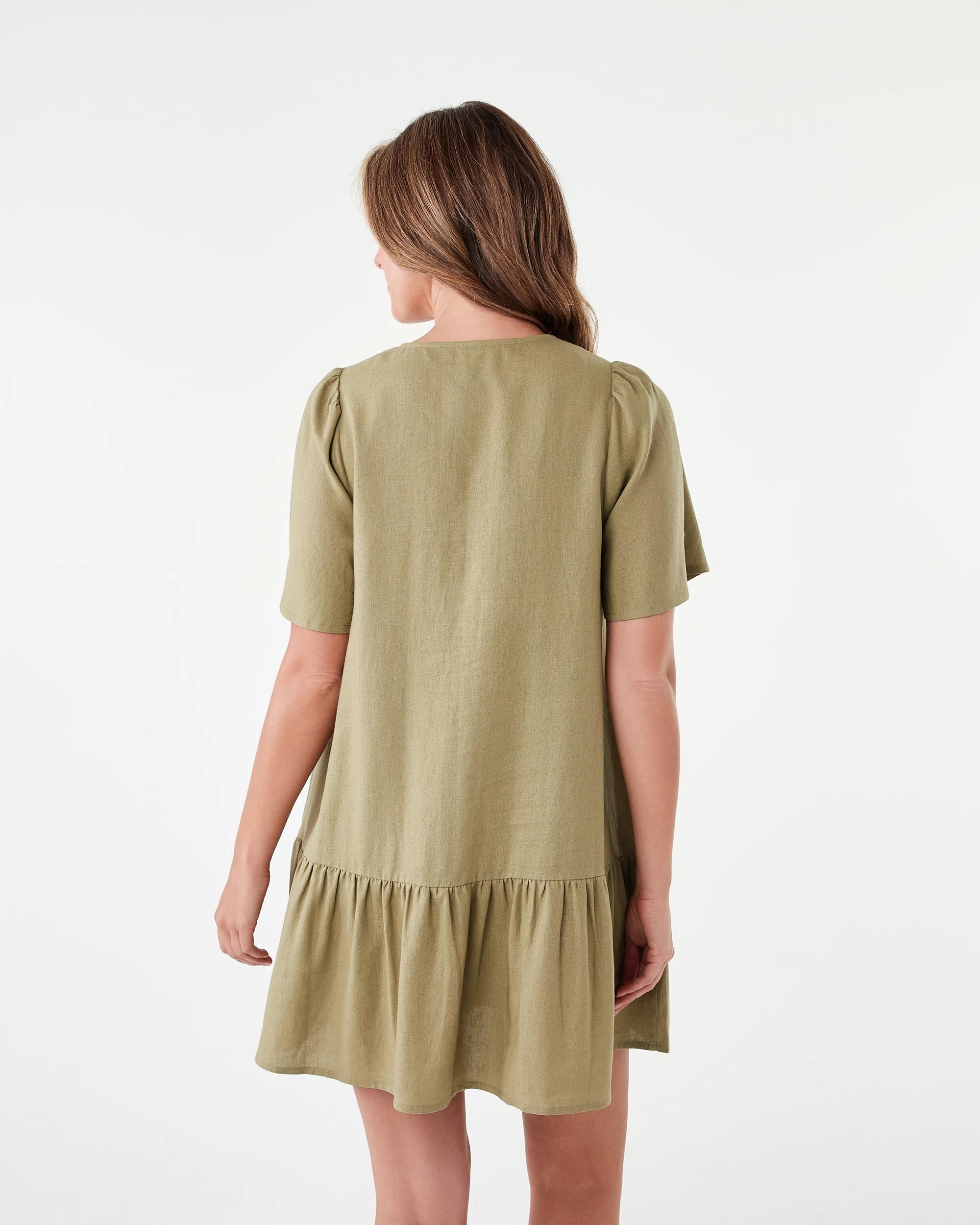 3 Short Sleeve Linen Blend Drop Tier Mini Dress Urban Grn, 3 of 8