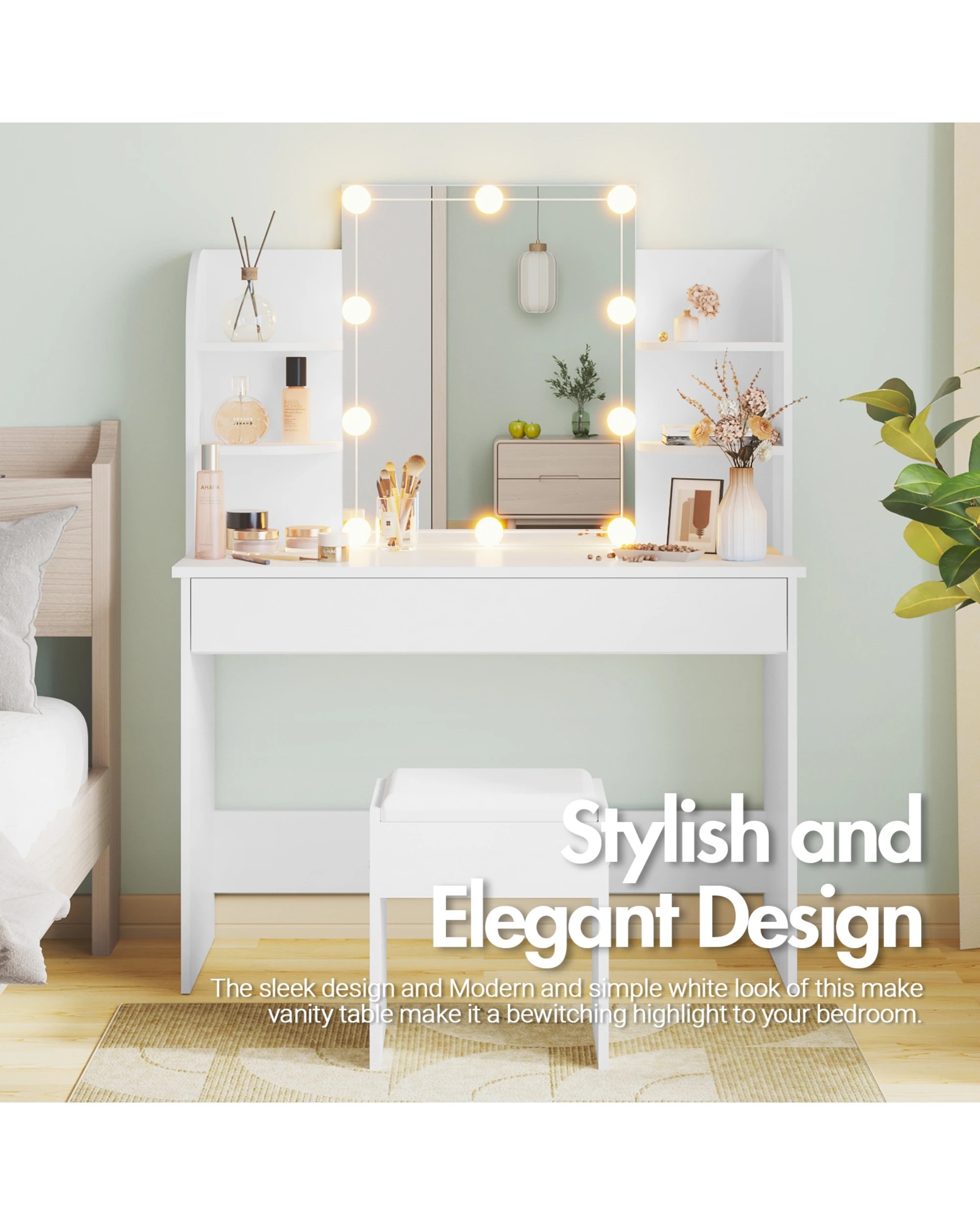 3 Advwin Dressing Table Stool Set 10 LED Lights Makeup Mirror Vanity Desk with Shelves Drawers Dresser, 3 of 8