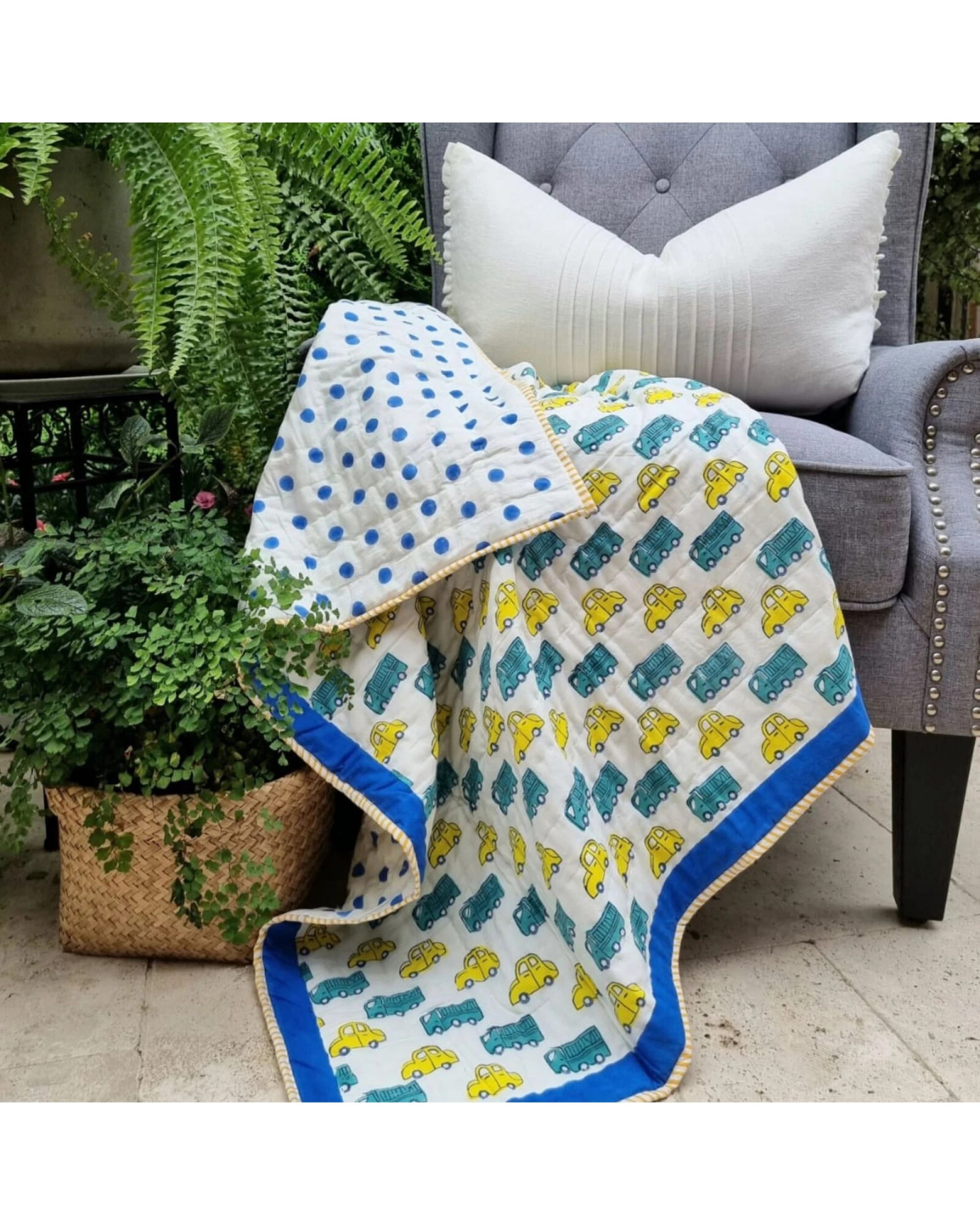 1 Kolka GOTS Certified Organic Cotton Reversible Baby Quilt (100x120cm) - Yellow Cars, 1 of 3