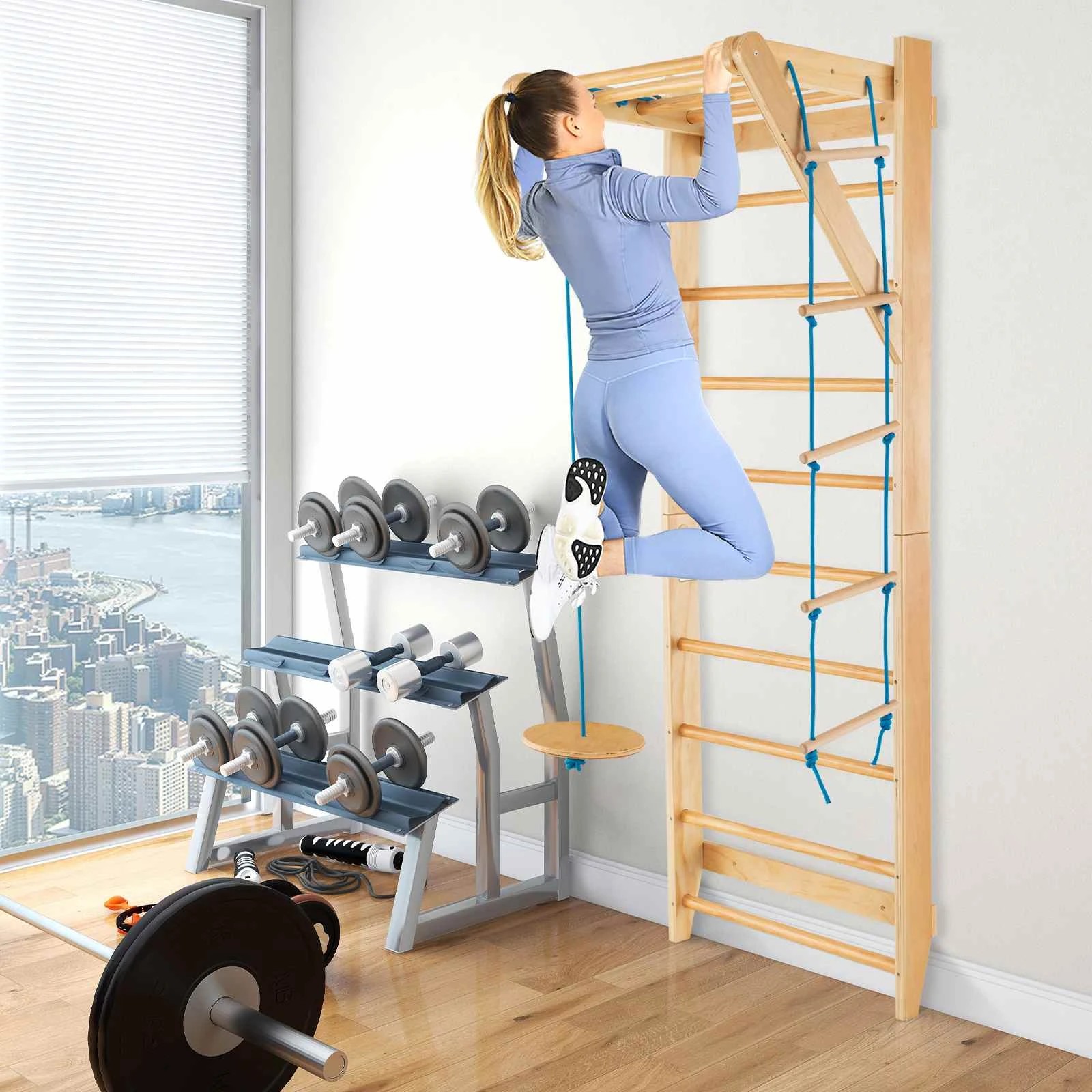 2 Costway Climb Playset Wood Stall Bar 4 in 1 Climbing Ladder Wall Pull Up Bar 100kg, 2 of 2