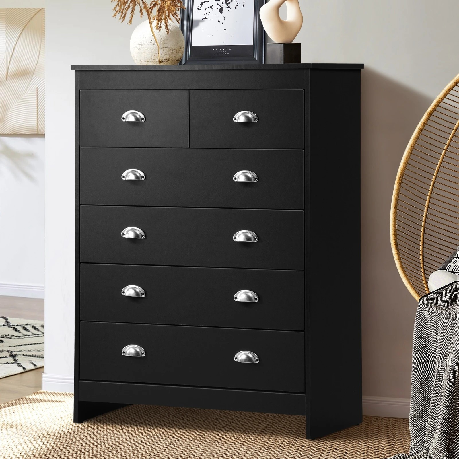 2 Oikiture 6 Chest of Drawers Tallboy Dresser Table Storage Cabinet - Black, 2 of 9