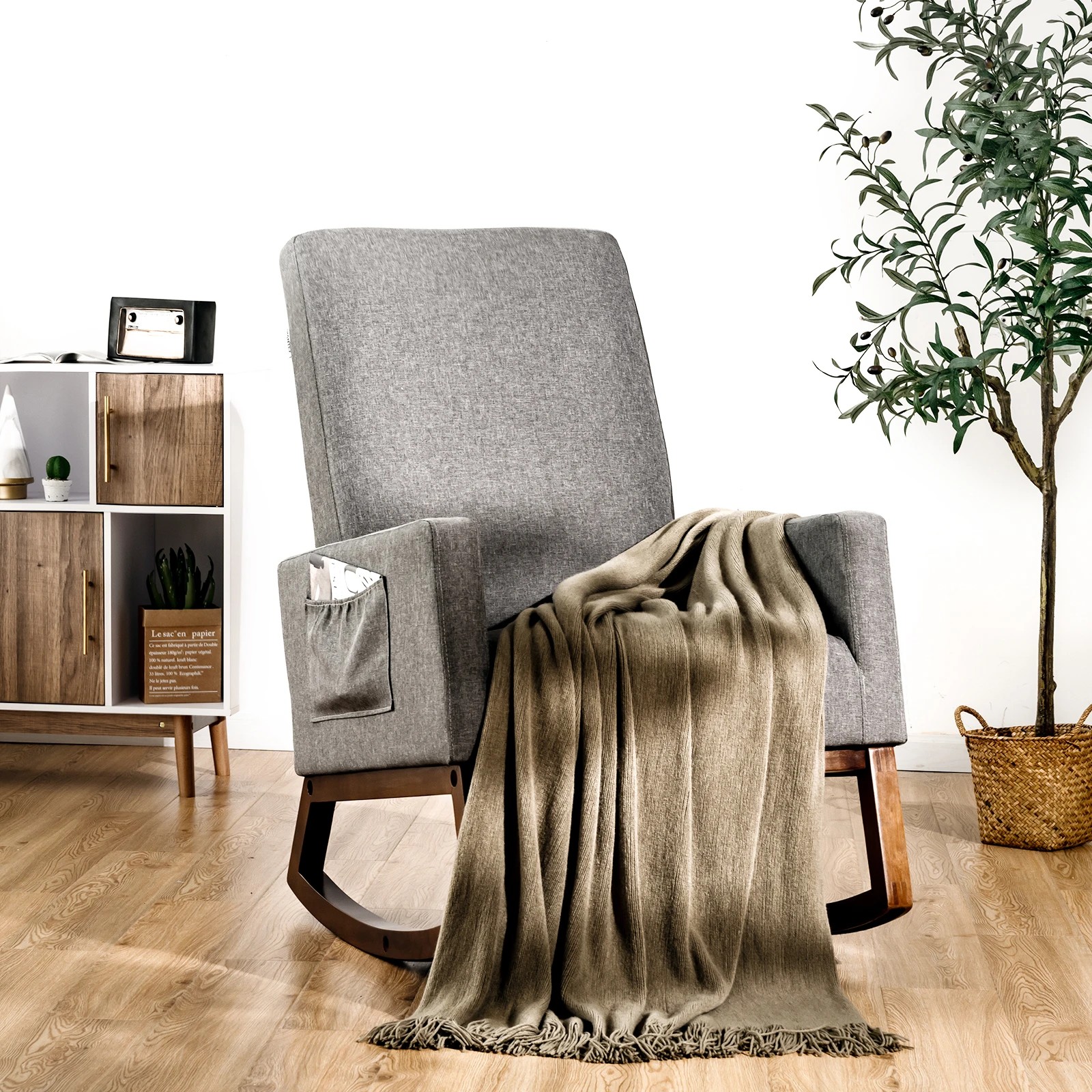 3 Costway Wood Rocking Chair Upholstered Fabric Armchair Home Office Chair, 3 of 3