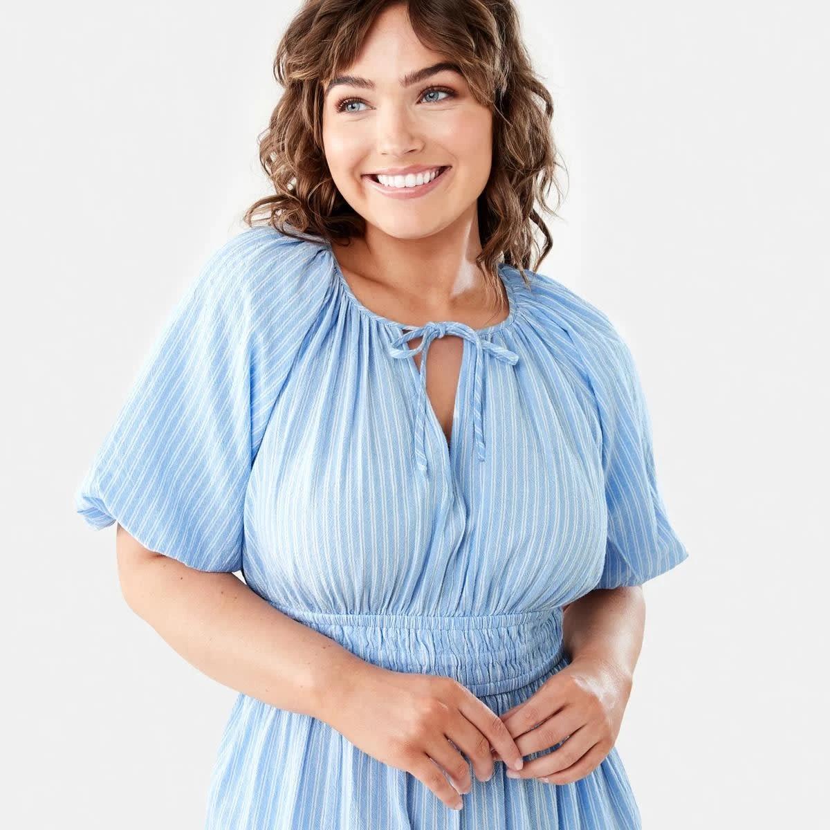 5 Short Sleeve Shirred Waist Midi Dress DANI STRP BRUNI BLUE, 5 of 10