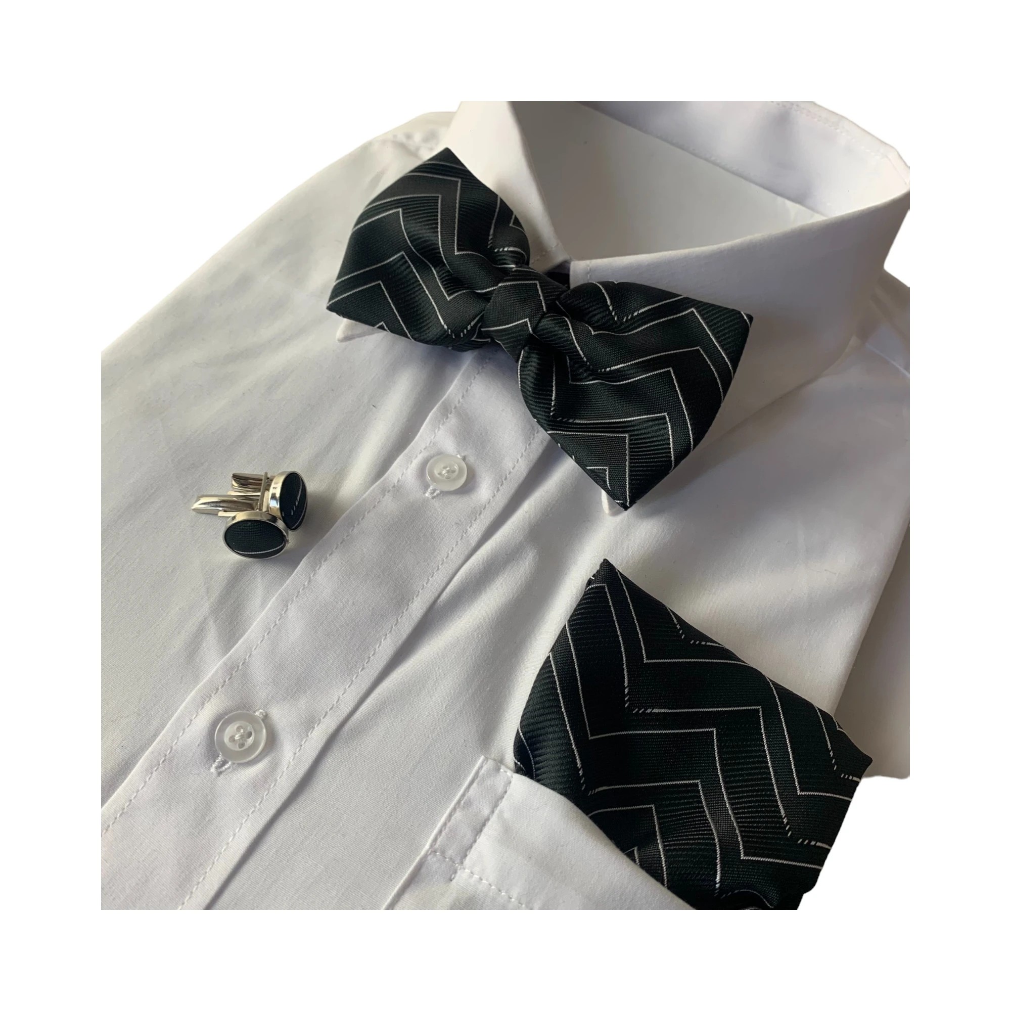 4 Zasel Mens Black Zig Zag Matching Bow Tie, Pocket Square & Cuff Links Set - Multi, 4 of 4