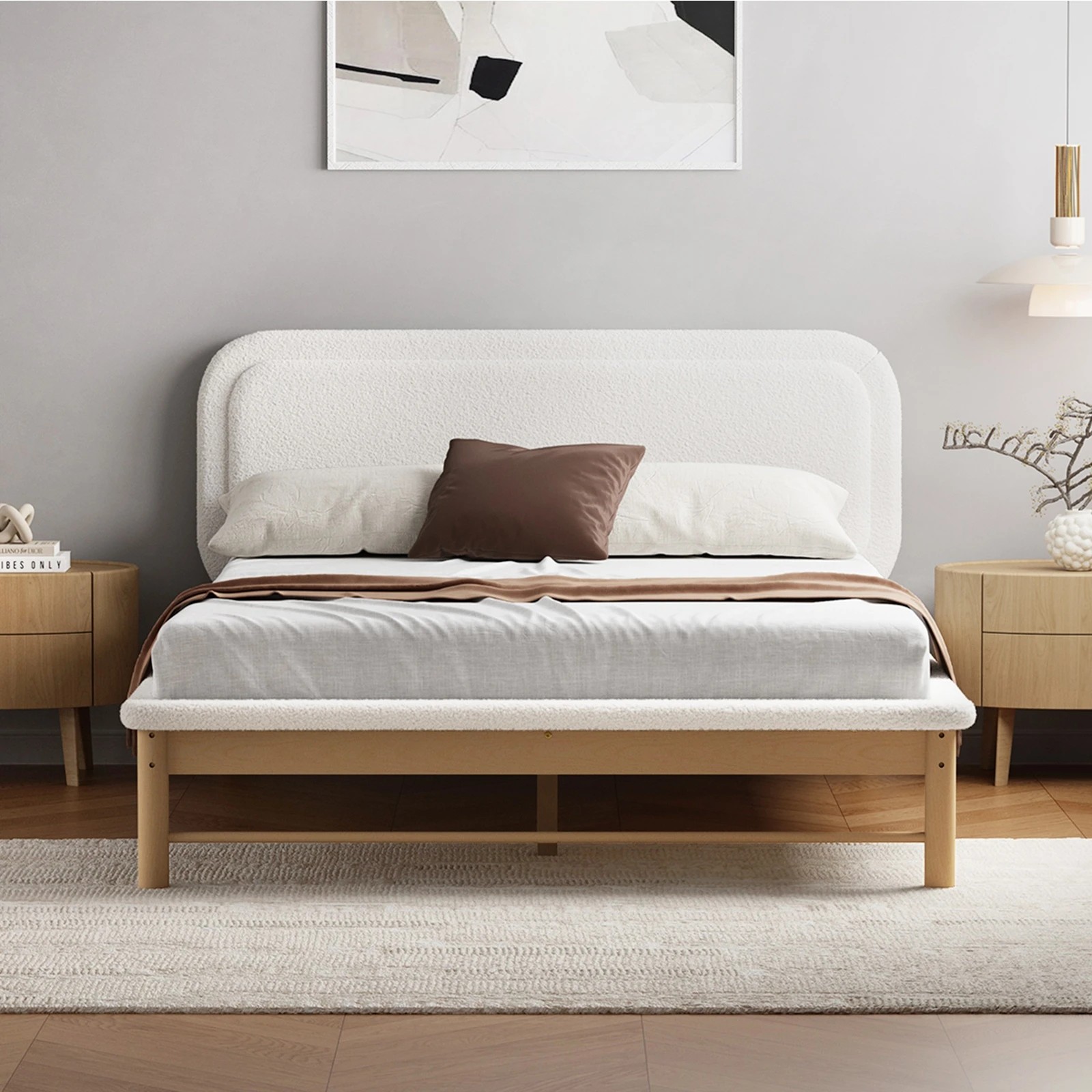 4 Oikiture Wooden Pine Bed Frame with Boucle Upholstery Queen - Beige, 4 of 9