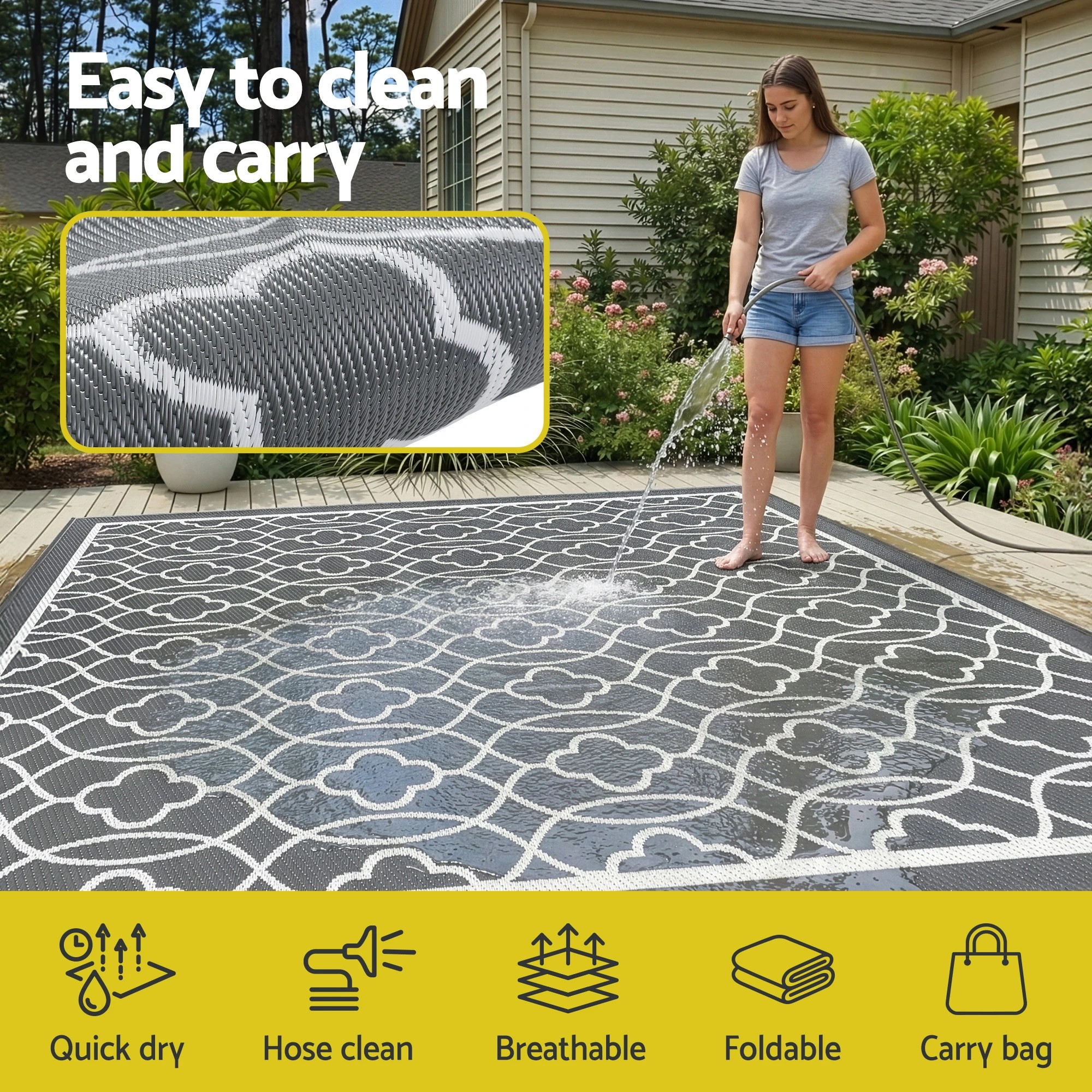 3 Gardeon Outdoor Rugs 274x366cm Large Carpet Reversible Area Mat PP Dual-Sided Patio Rug - Grey, 3 of 7