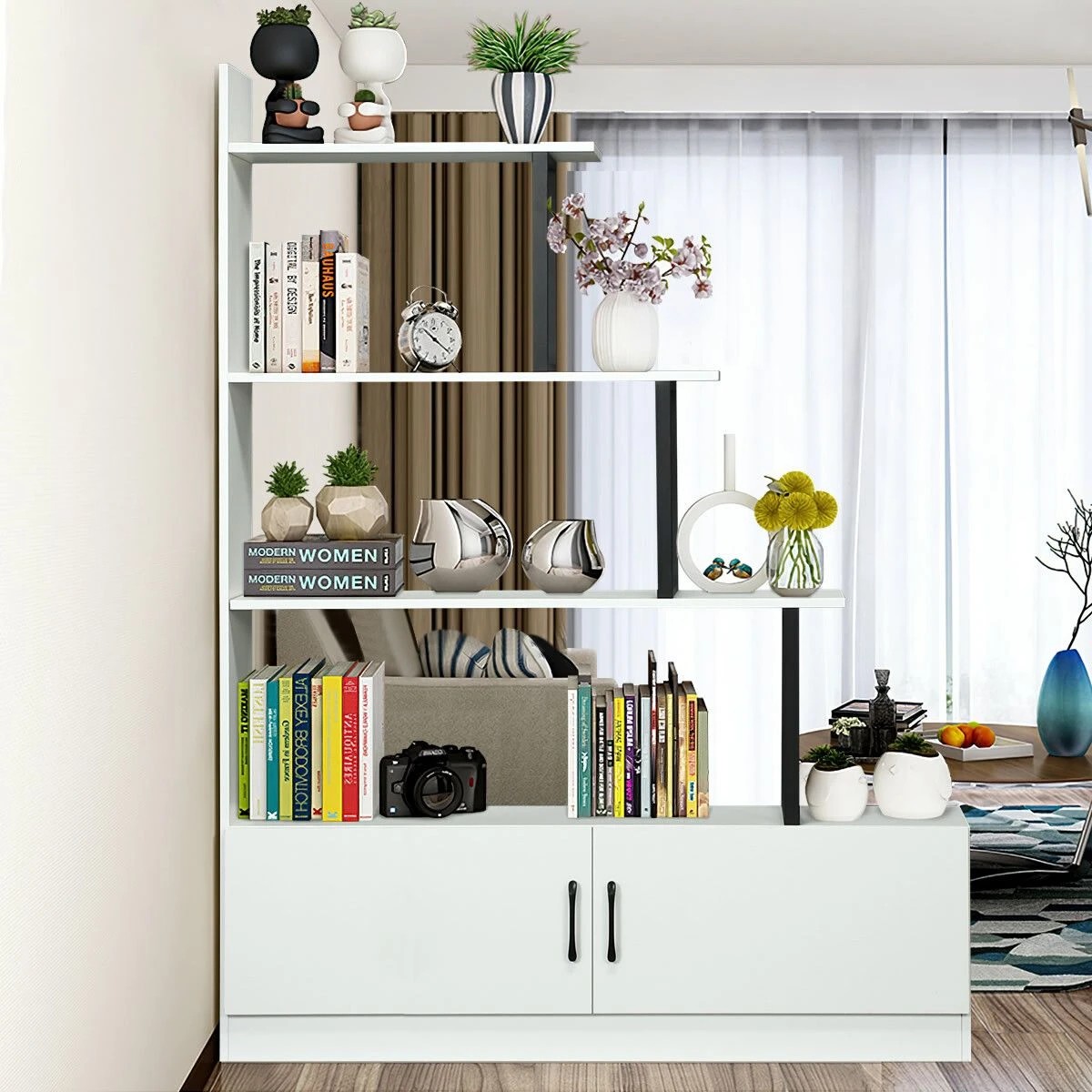 6 Ausway 5 Tier Ladder Bookshelf Storage Cube Rack Cabinet Display Shelf Unit with 2 Doors, 6 of 8