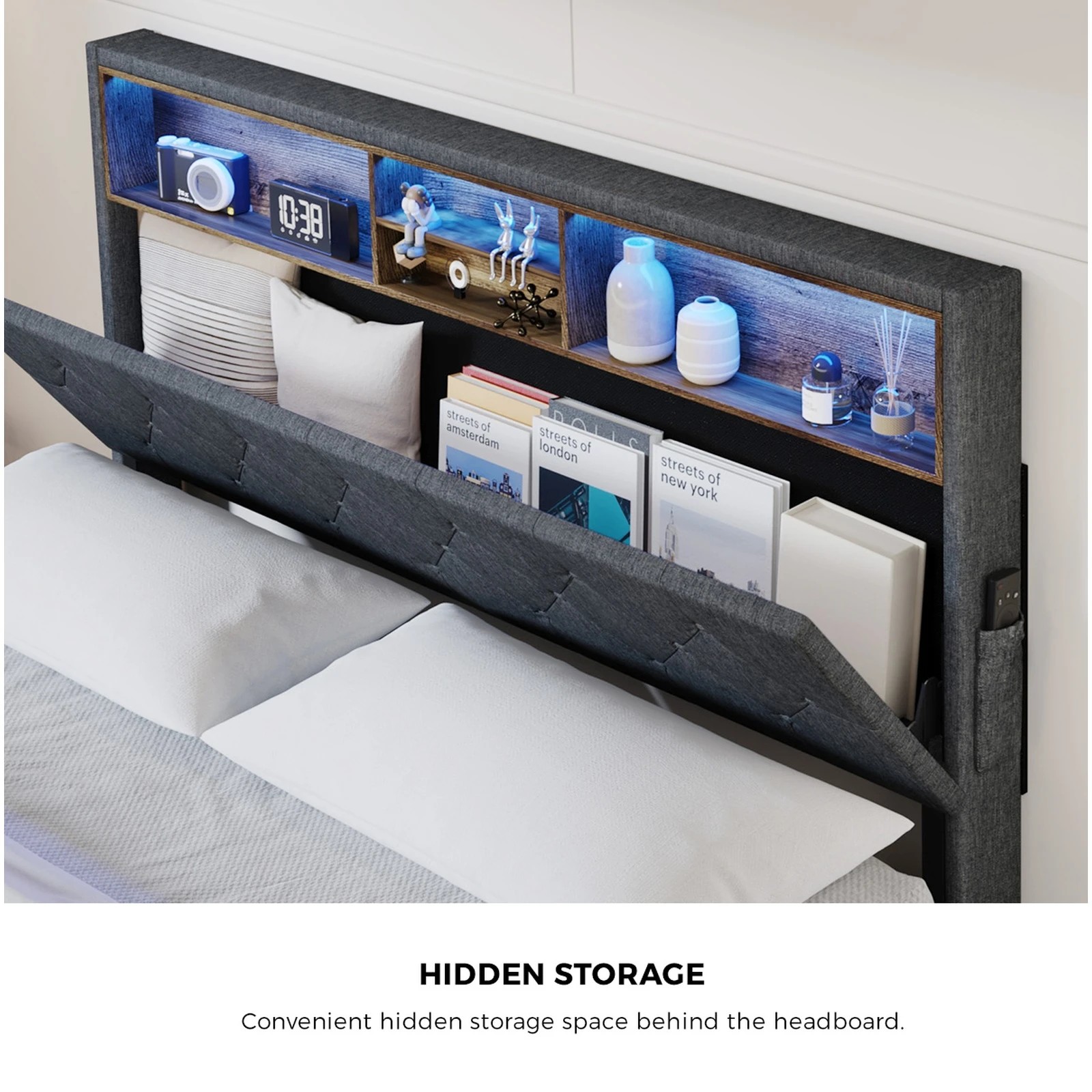 5 Oikiture Queen Bed With Led Storage Bedhead Bed Frame
 - Grey, 5 of 10