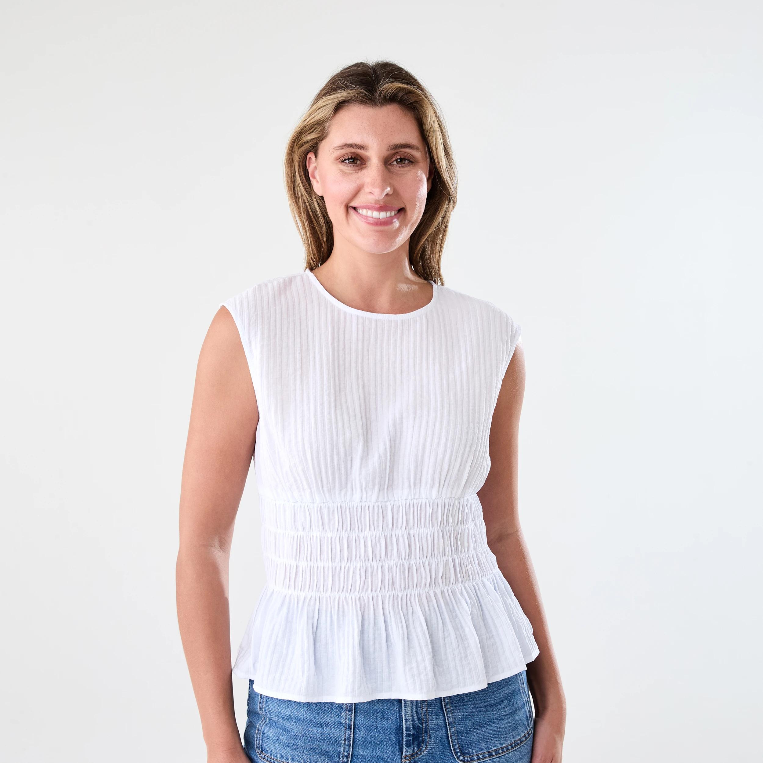 1 Sleeveless Crew Neck Shirred Top White, 1 of 6