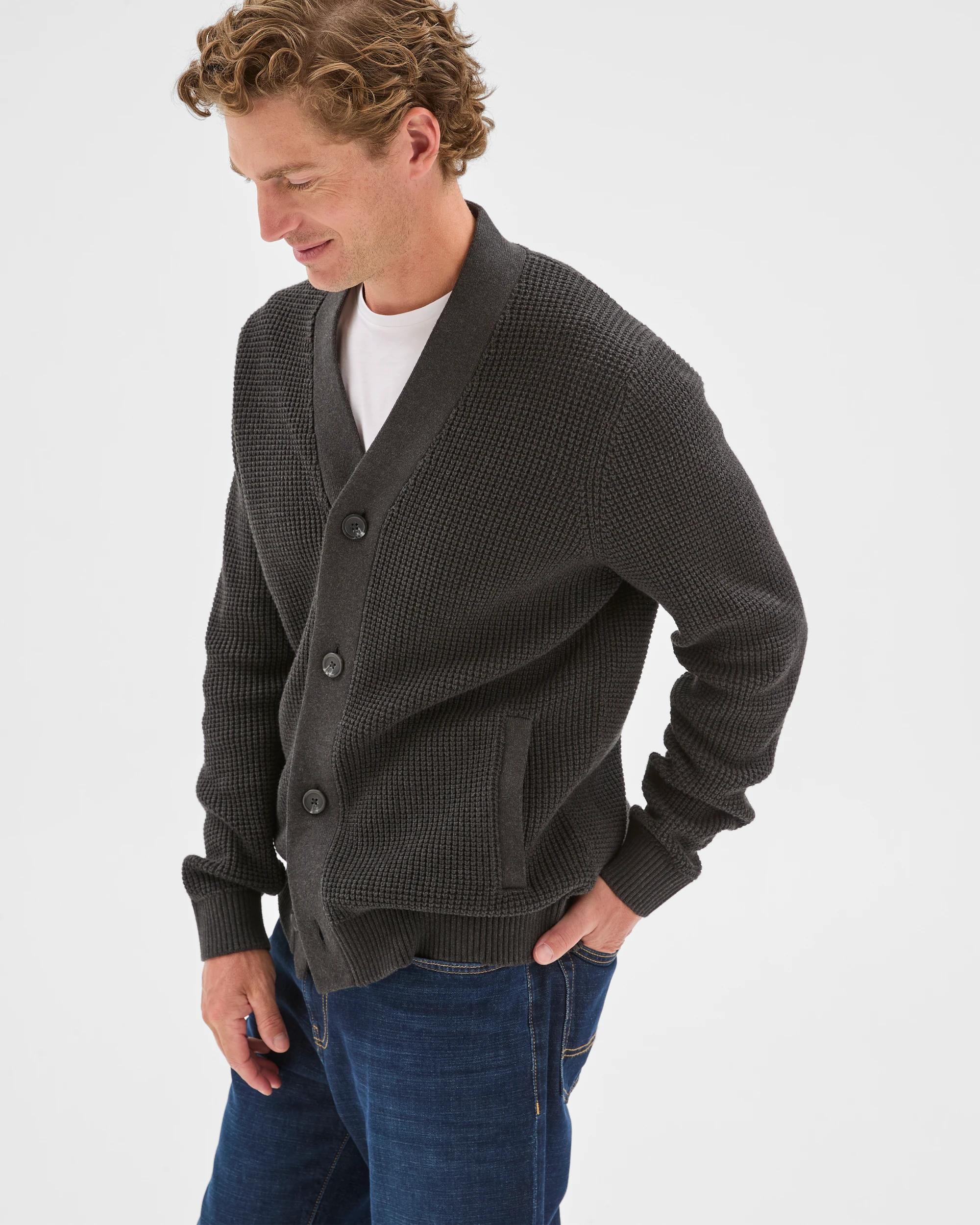 4 Target Man Australian Cotton V-Neck Waffle Knit Cardigan BLACK MARLE, 4 of 7