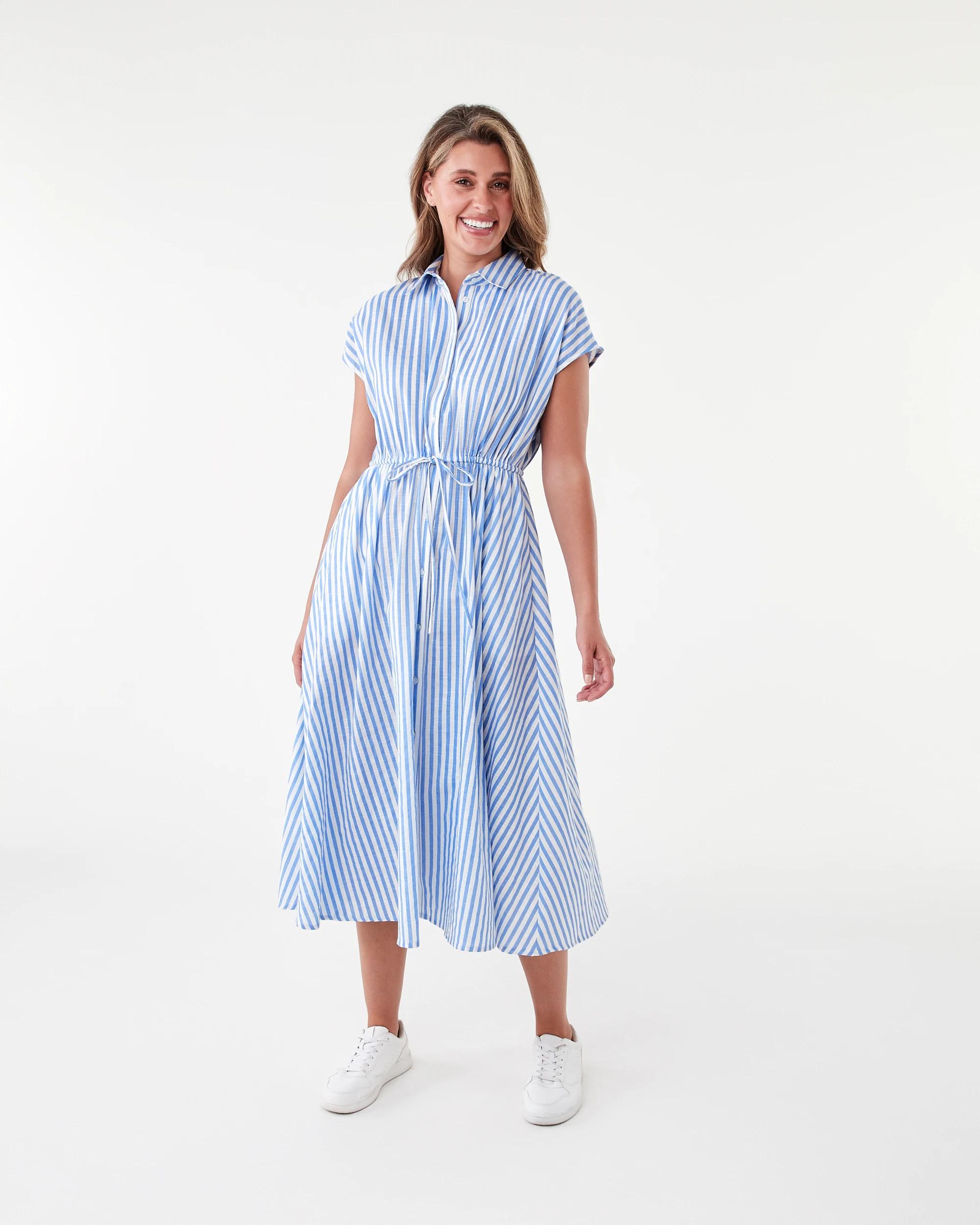 1 Short Sleeve Tie Waist Midi Shirt Dress Blu Strp, 1 of 7