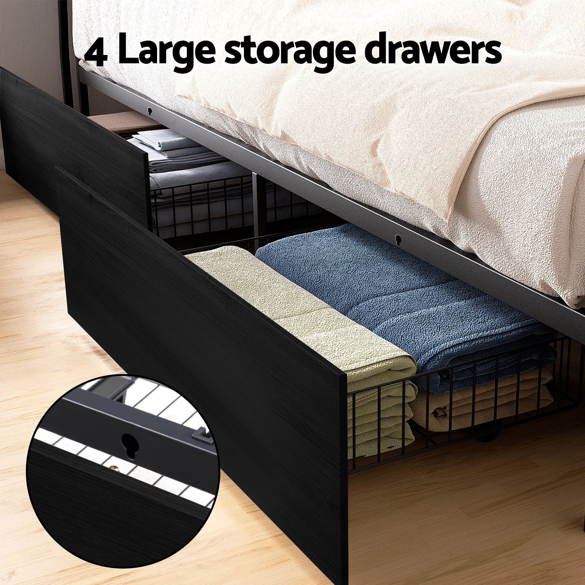 6 Artiss Metal Bed Frame King Size Storage Headboard Charge Station LED 4 Drawers - Black, 6 of 8