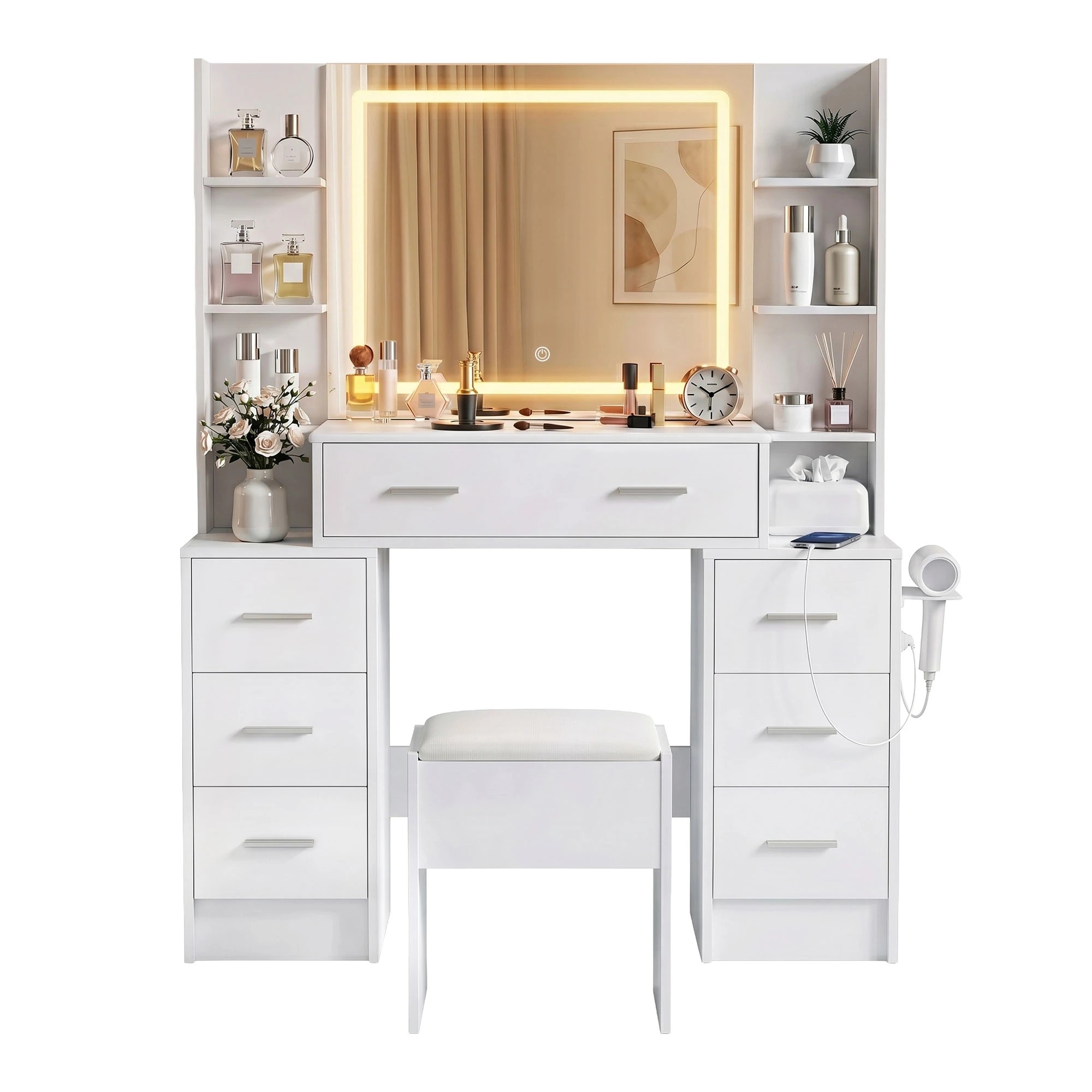 1 Artiss Dressing Table LED Vanity Desk Set Stool Charging Station Mirror - White, 1 of 8