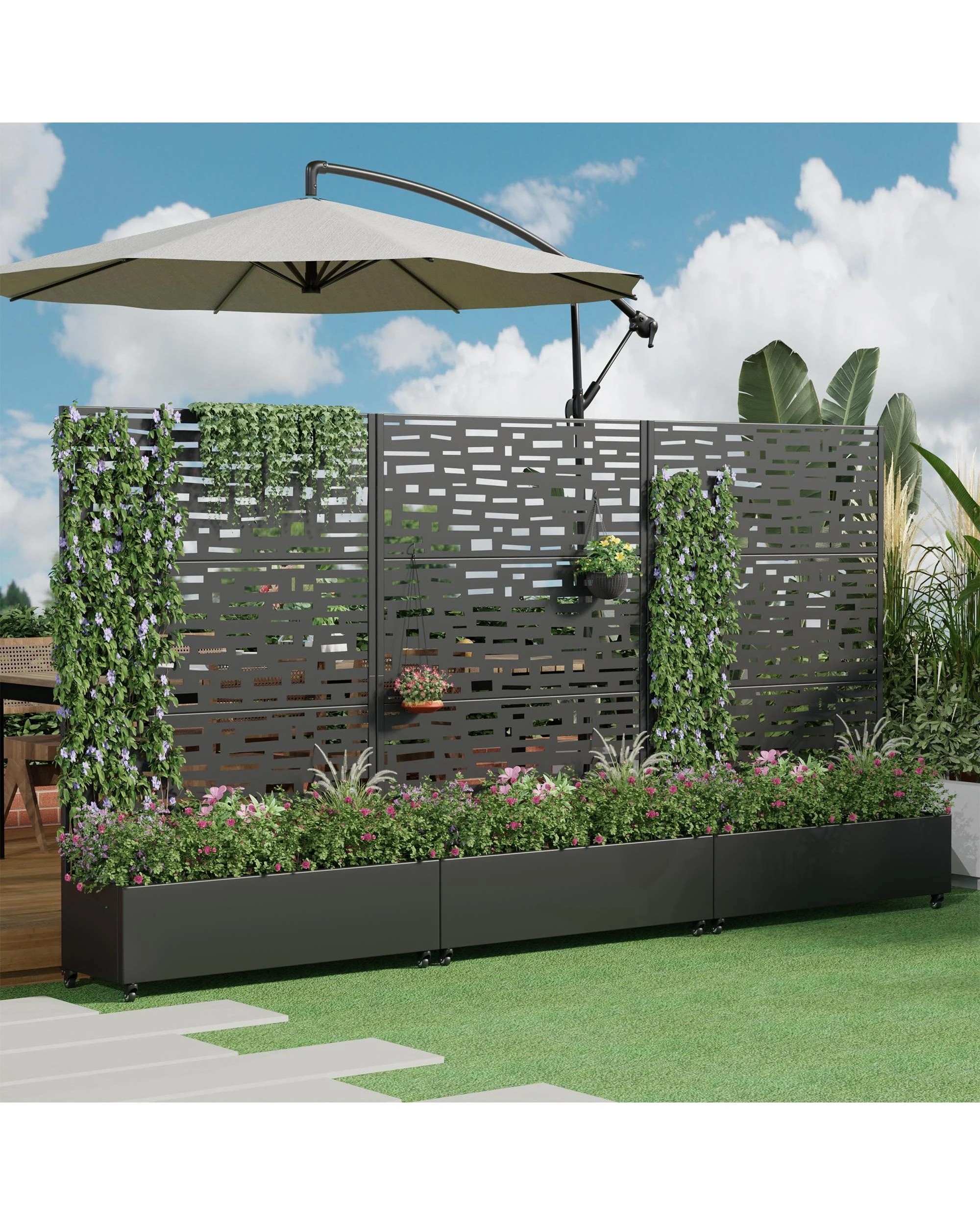 3 OAKORY 180cm Metal Planter Box with Privacy Screen and Lockable Wheels, Drainage Hole Outdoor Geometric - Black, 3 of 5
