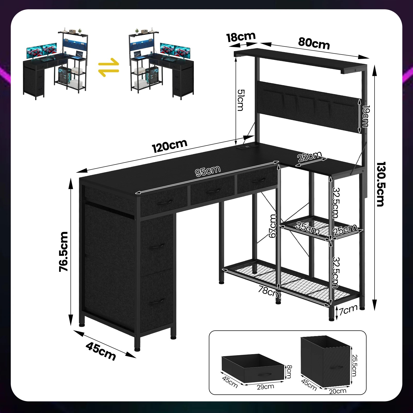 4 Advwin Gaming Desk with Power Outlets Reversible Corner Computer Desk with Storage Shelf Fabric Drawer and Bag - Black, 4 of 6