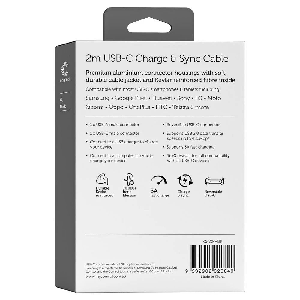 7 Comsol Kevlar USB-A to USB-C Cable 2m Black, 7 of 7