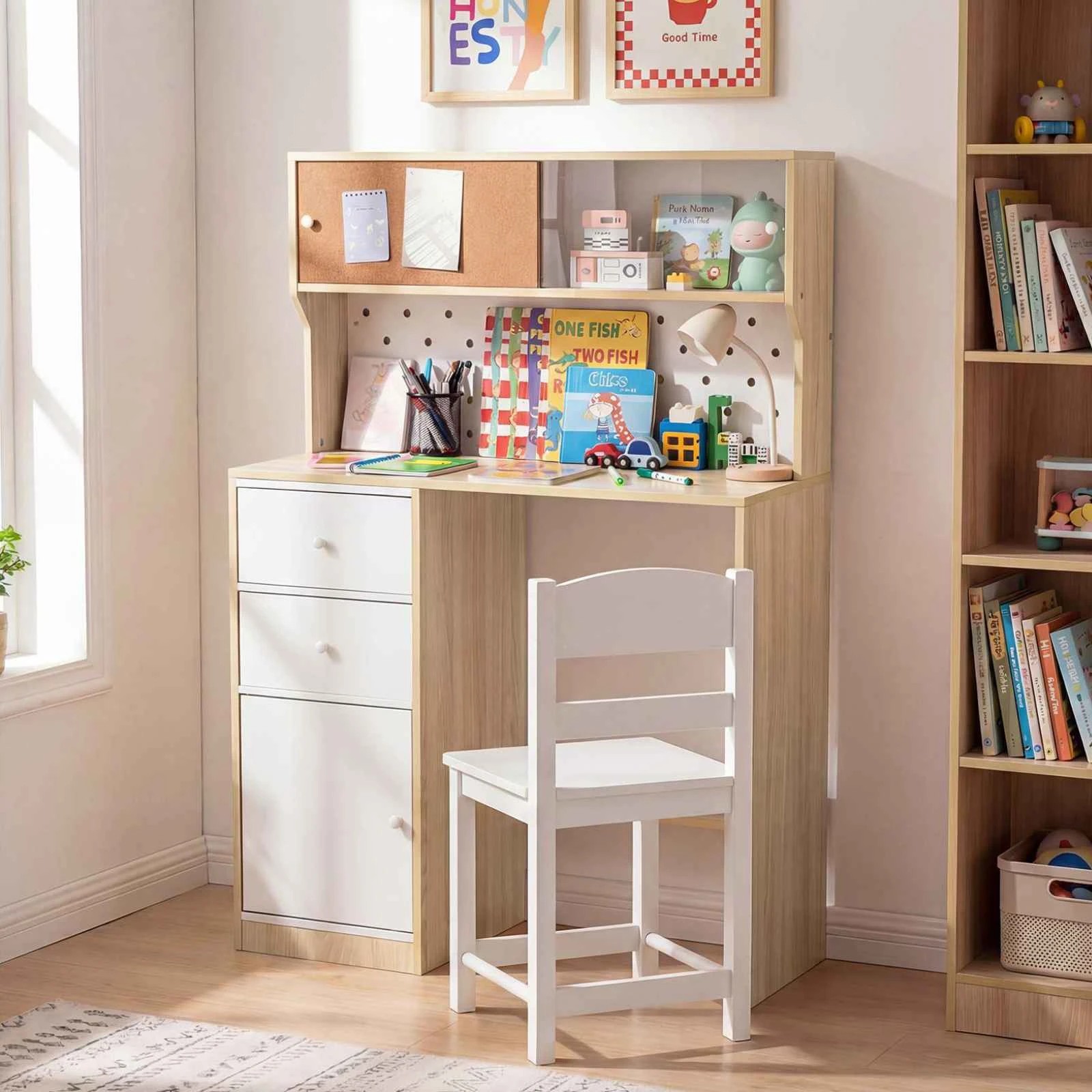 2 Costway Wooden Desk Chair Set Study Writing Table w/Pegboard, 2 of 4