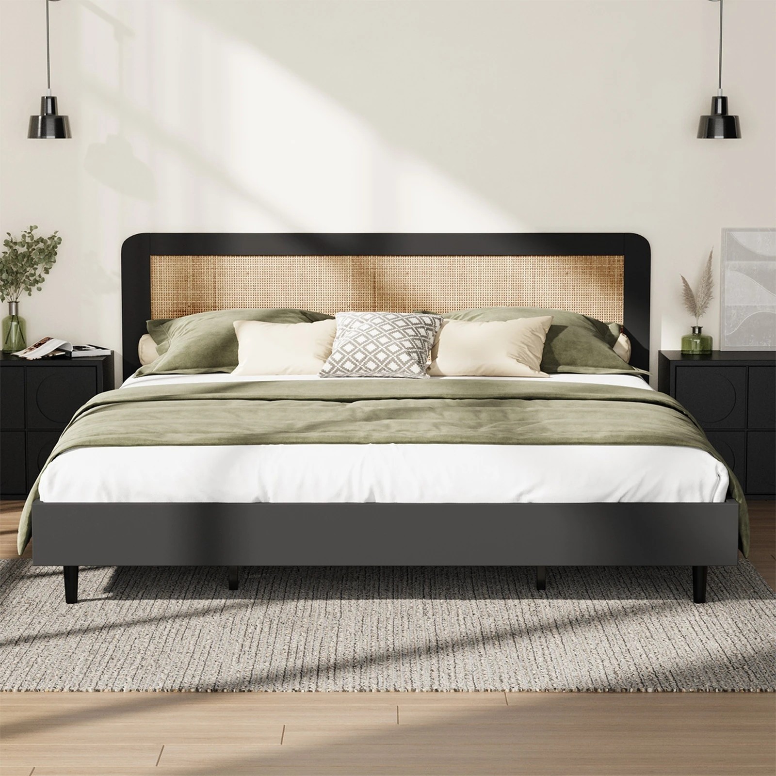 3 Oikiture King Bed Wooden Bed Frame With Rattan Headboard
 - Black, 3 of 10