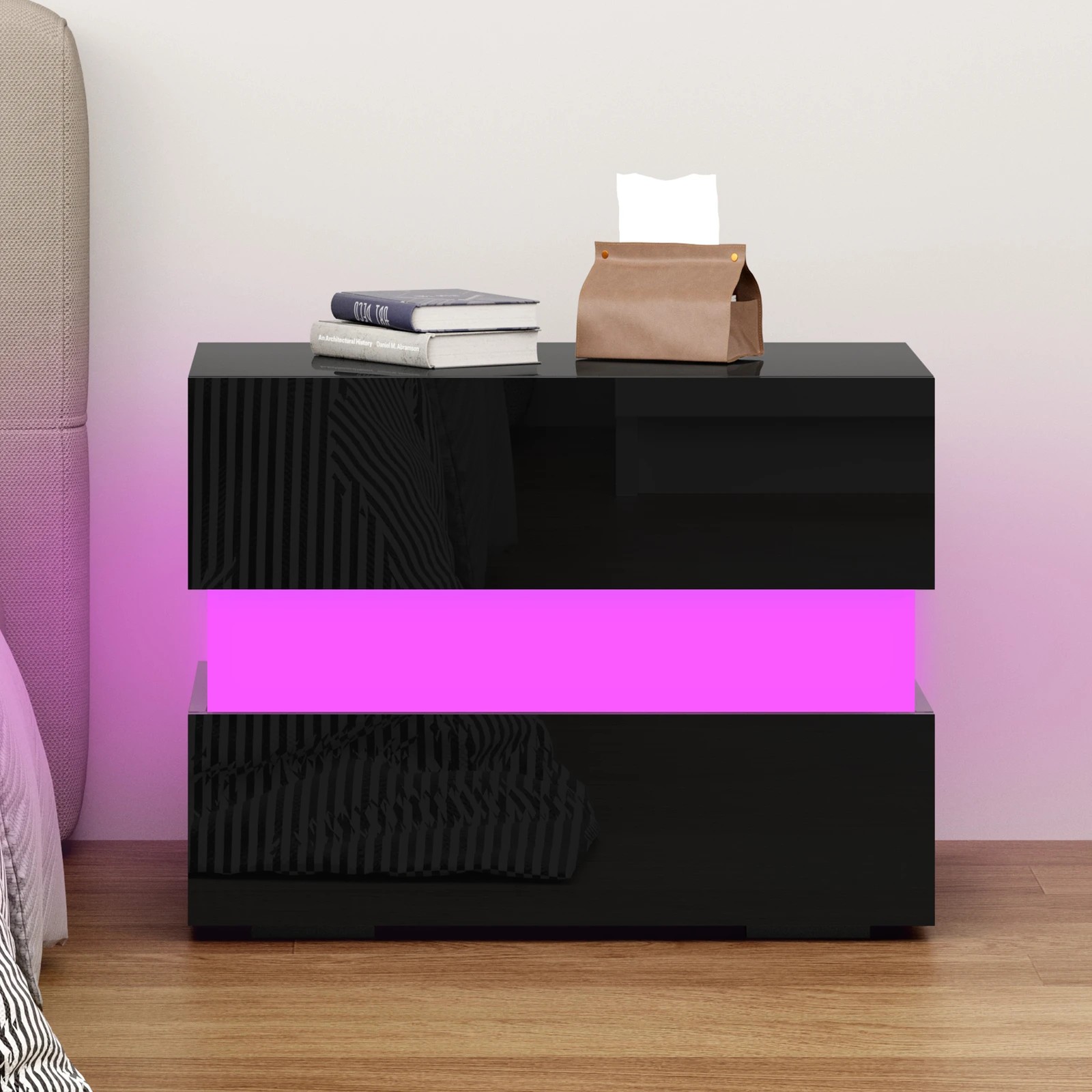 6 Alfordson Bedside Table RGB LED Nightstand 2 Drawers 4 Side High Gloss - Black, 6 of 10