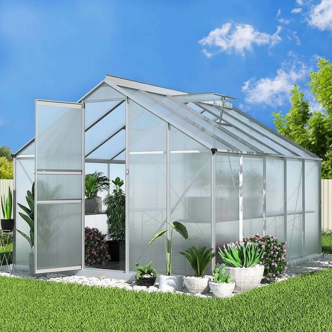 7 Green Fingers Greenhouse Aluminium Polycarbonate Green House Garden Shed - Clear, 7 of 7
