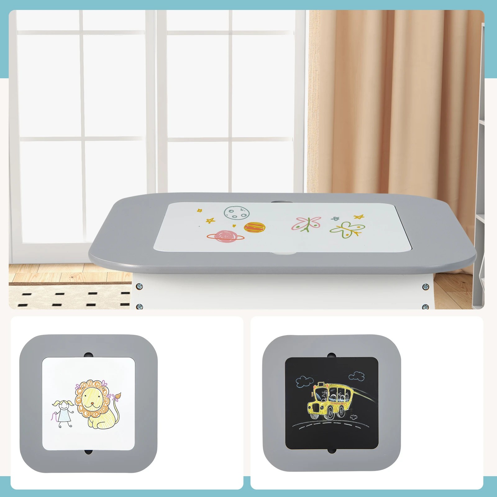 4 Costway Double-Sided Kids Drawing Table & Chairs Set - Grey, 4 of 6