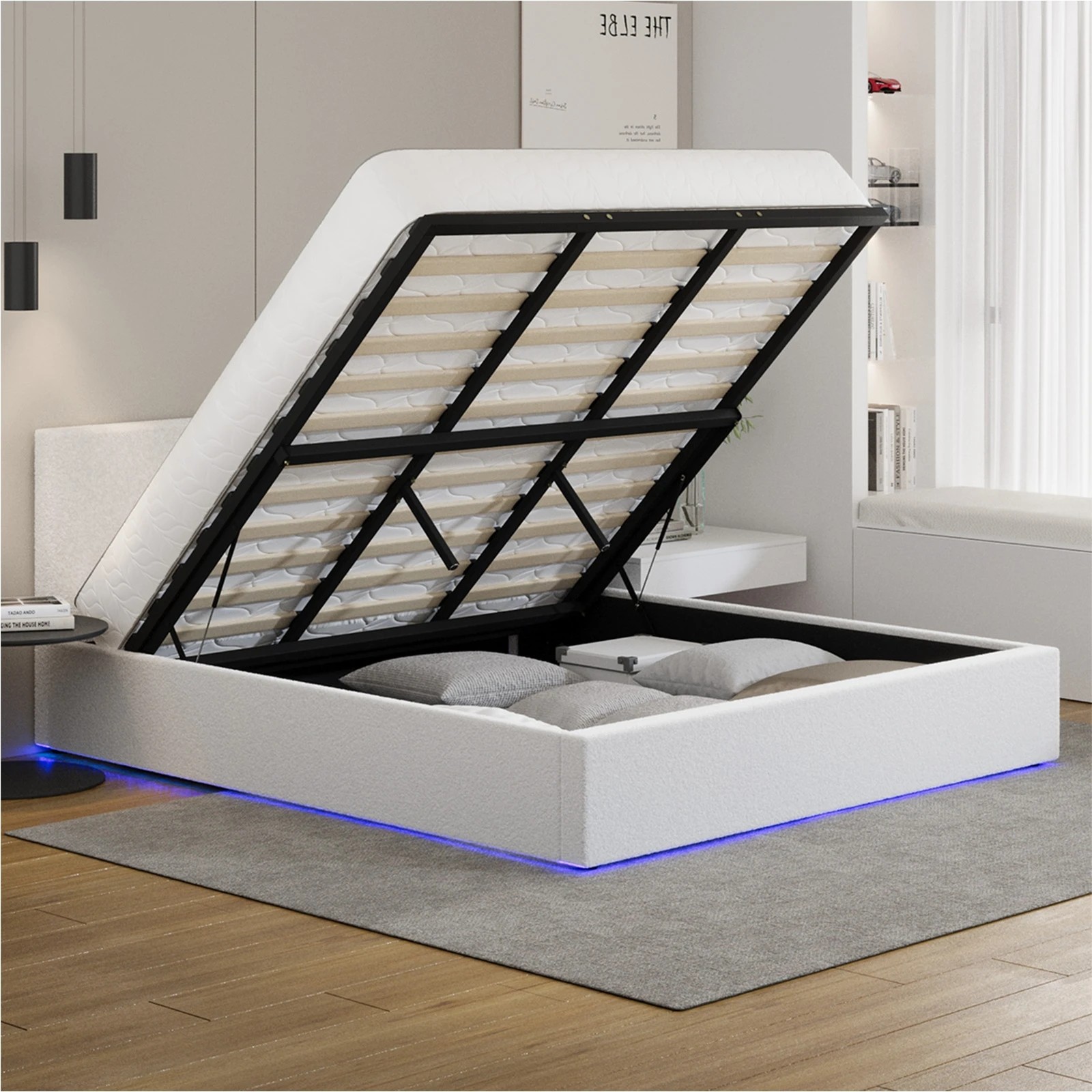 Oikiture Bed Frame King Size Gas Lift Storage Base LED Beds Boucle ...