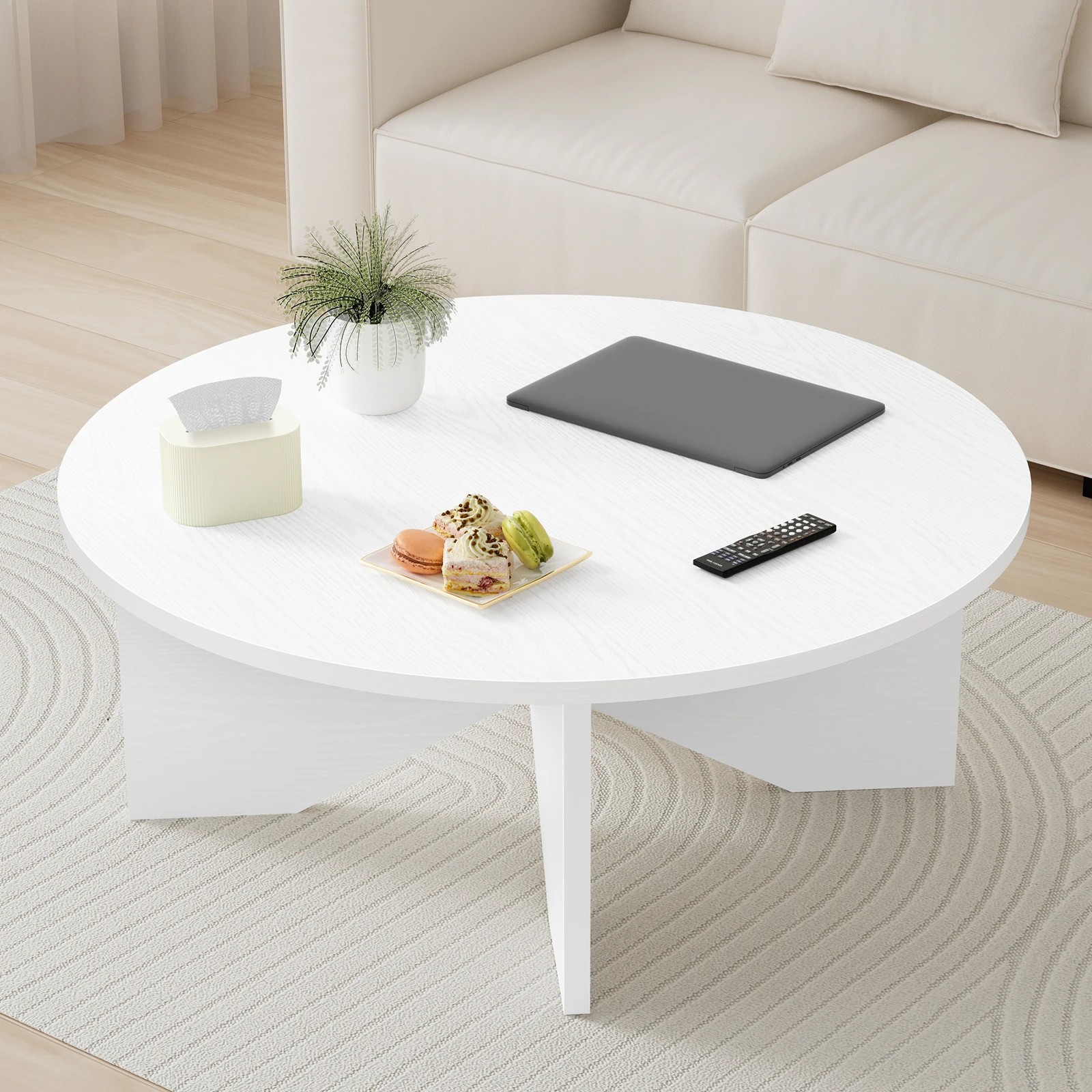 5 Alfordson Coffee Table Modern Round Table X-shape Wooden Legs Living Room - Oak, 5 of 10