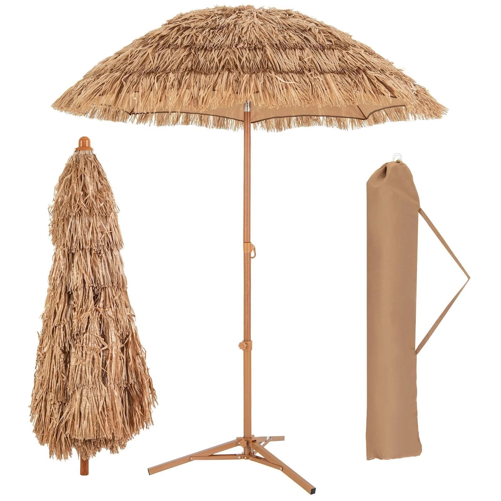 1 Costway 2M Foldable Thatched Tiki Umbrella Outdoor Portable Sunshade - Beige, 1 of 2