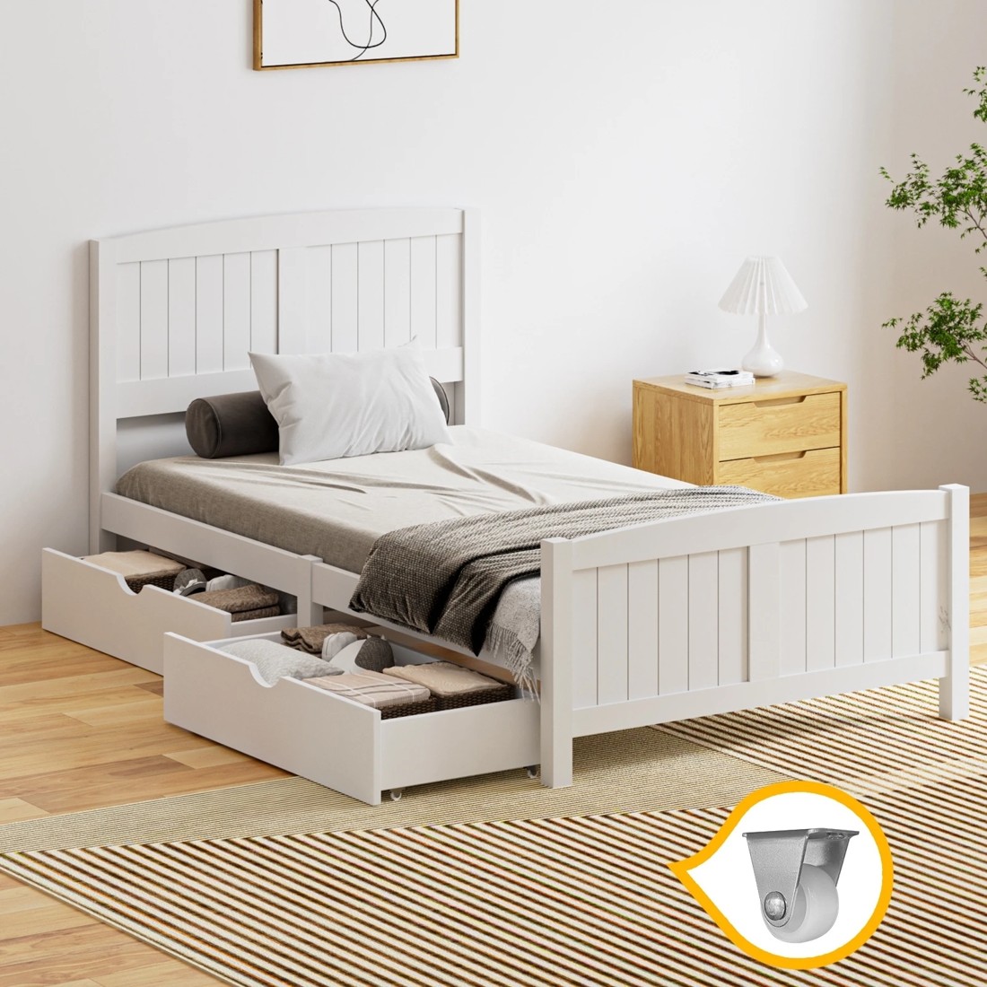 2 Oikiture Wooden Bed Frame King Single Base With Trundle Storage Drawers
 - White, 2 of 8