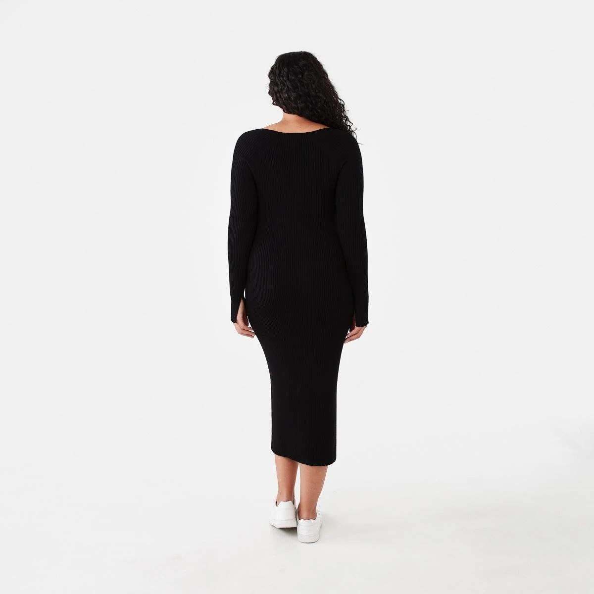 3 Long Sleeve Square Neck Knit Midi Dress Black, 3 of 6