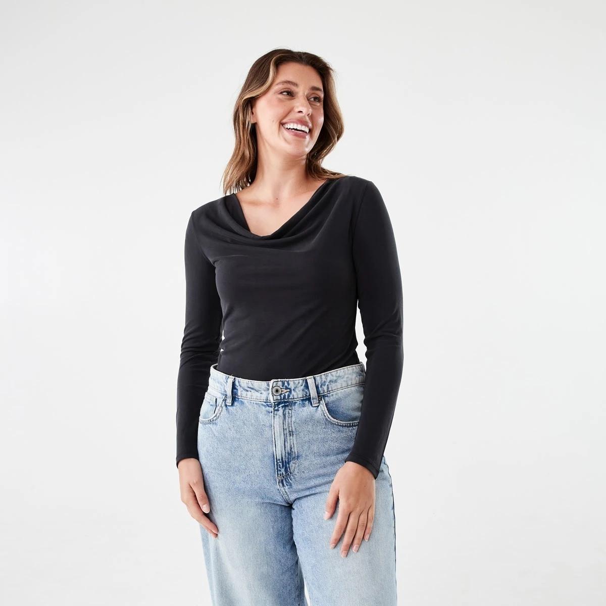 1 Long Sleeve Drape Cowl Neck Top BLACK, 1 of 6